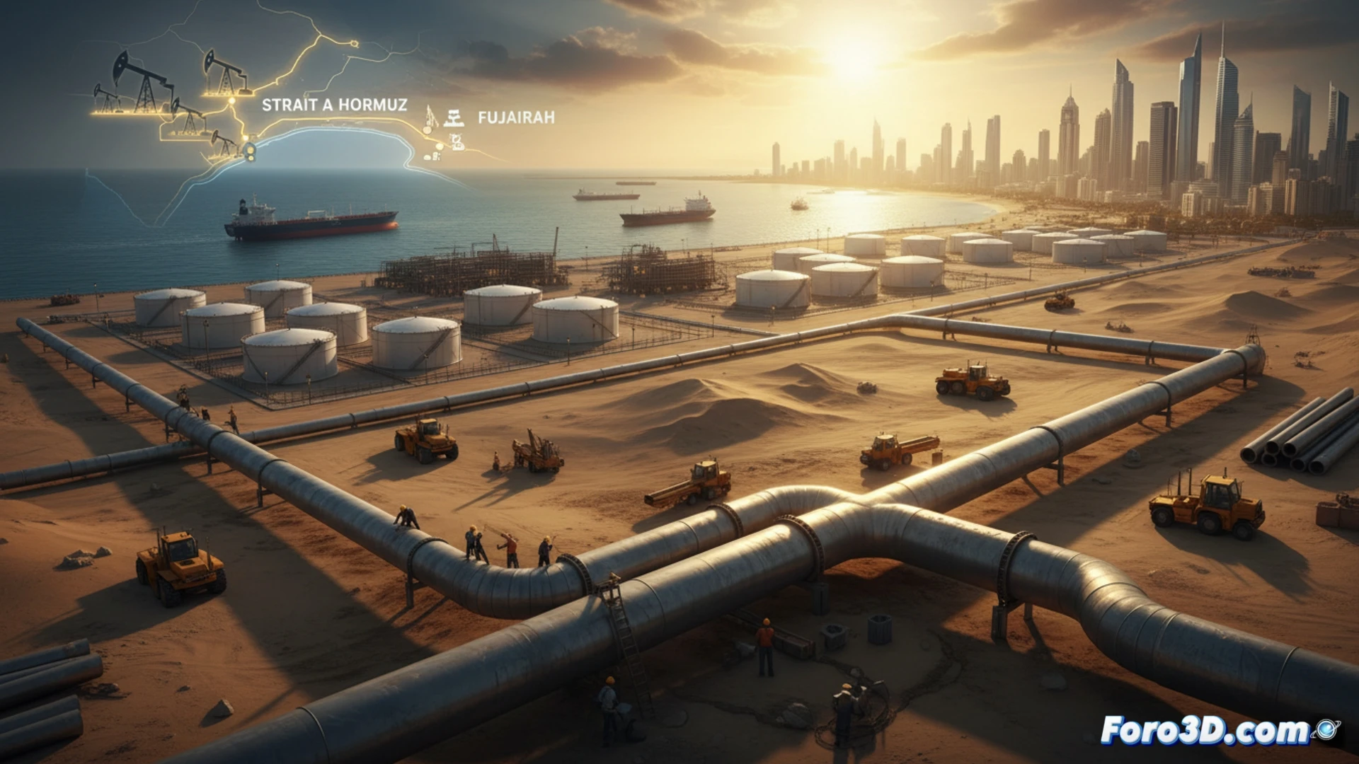 cross-section of massive oil pipeline being welded above desert sand, construction workers in hard hats and safety vests operating welding torches, sparks flying during assembly, heavy machinery tracks visible in foreground, pipeline stretching toward distant port cranes and oil tankers at Fujairah harbor, Gulf of Oman coastline in background, photorealistic engineering visualization, golden hour sunlight casting long shadows, industrial blue and orange safety colors, metallic pipeline texture with rivets and flanges, dust particles in air, hyper-detailed mechanical infrastructure, cinematic wide-angle perspective