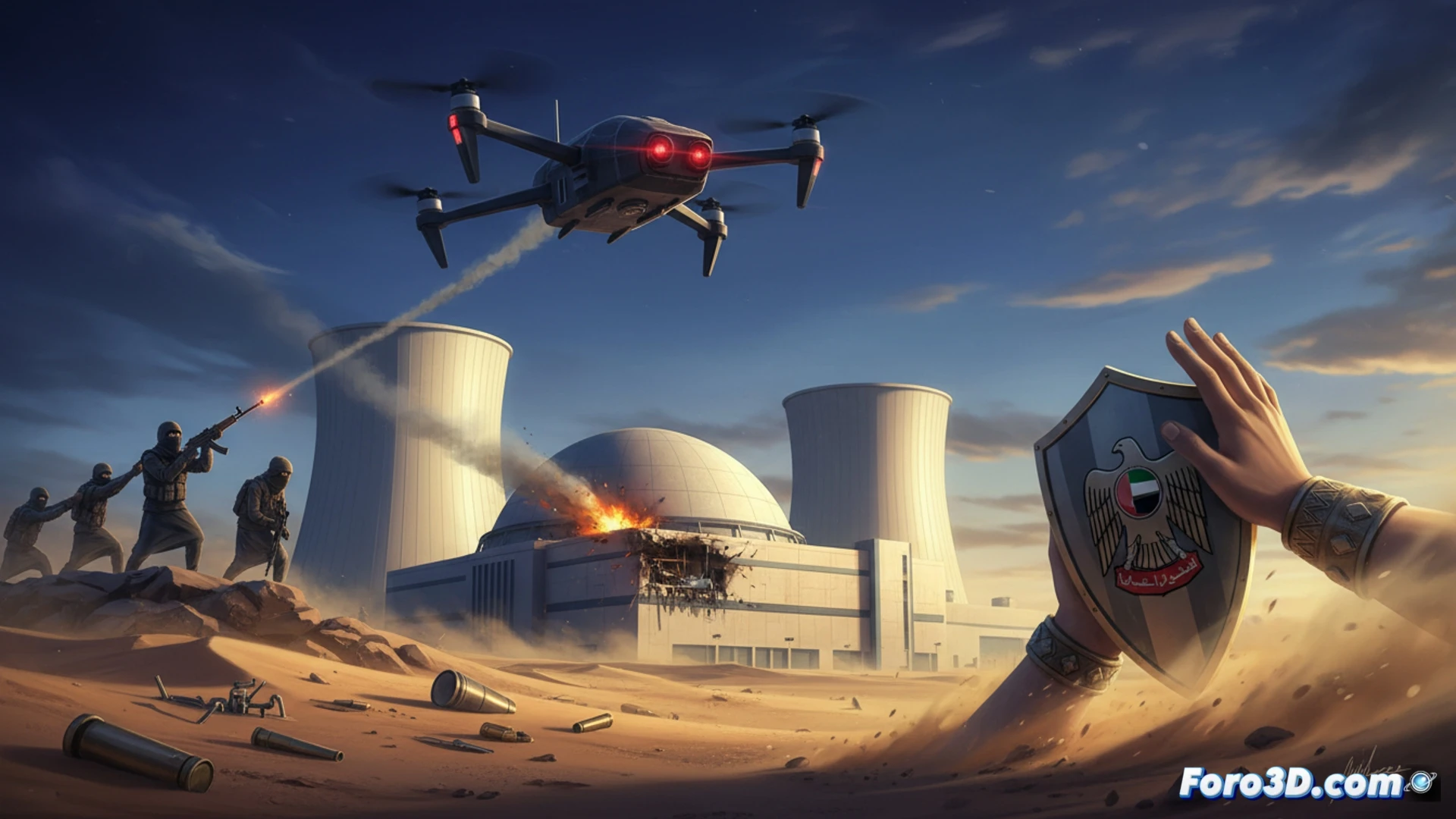 drone strike impact on Barakah nuclear plant exterior, concrete wall with scorch marks near auxiliary generator building, damaged electrical transformer emitting faint smoke, security personnel in hazmat suits inspecting debris field, radiation monitoring sensors displayed on portable tablets, desert landscape background with cooling towers visible, cinematic photorealistic technical illustration, dramatic sunset lighting casting long shadows, ultra-detailed concrete texture and metallic components, safety barrier tape surrounding the blast zone, motion blur on drifting smoke particles, industrial hazard warning signs visible