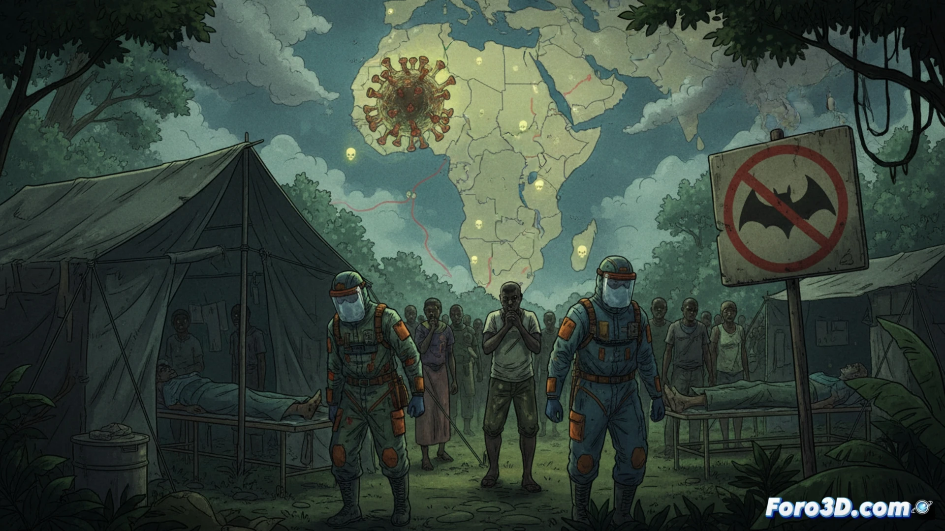 African medical workers in full hazmat suits decontaminating a field hospital entrance, one technician holding an empty vaccine vial marked only with a biohazard symbol, another adjusting a portable negative-pressure isolation unit, while a third checks a tablet displaying a genomic sequence map with a missing strain match, red warning indicators on a nearby diagnostic scanner, dust motes in harsh equatorial sunlight, photorealistic cinematic documentary style, dramatic shadows, high-contrast lighting, ultra-detailed protective gear textures