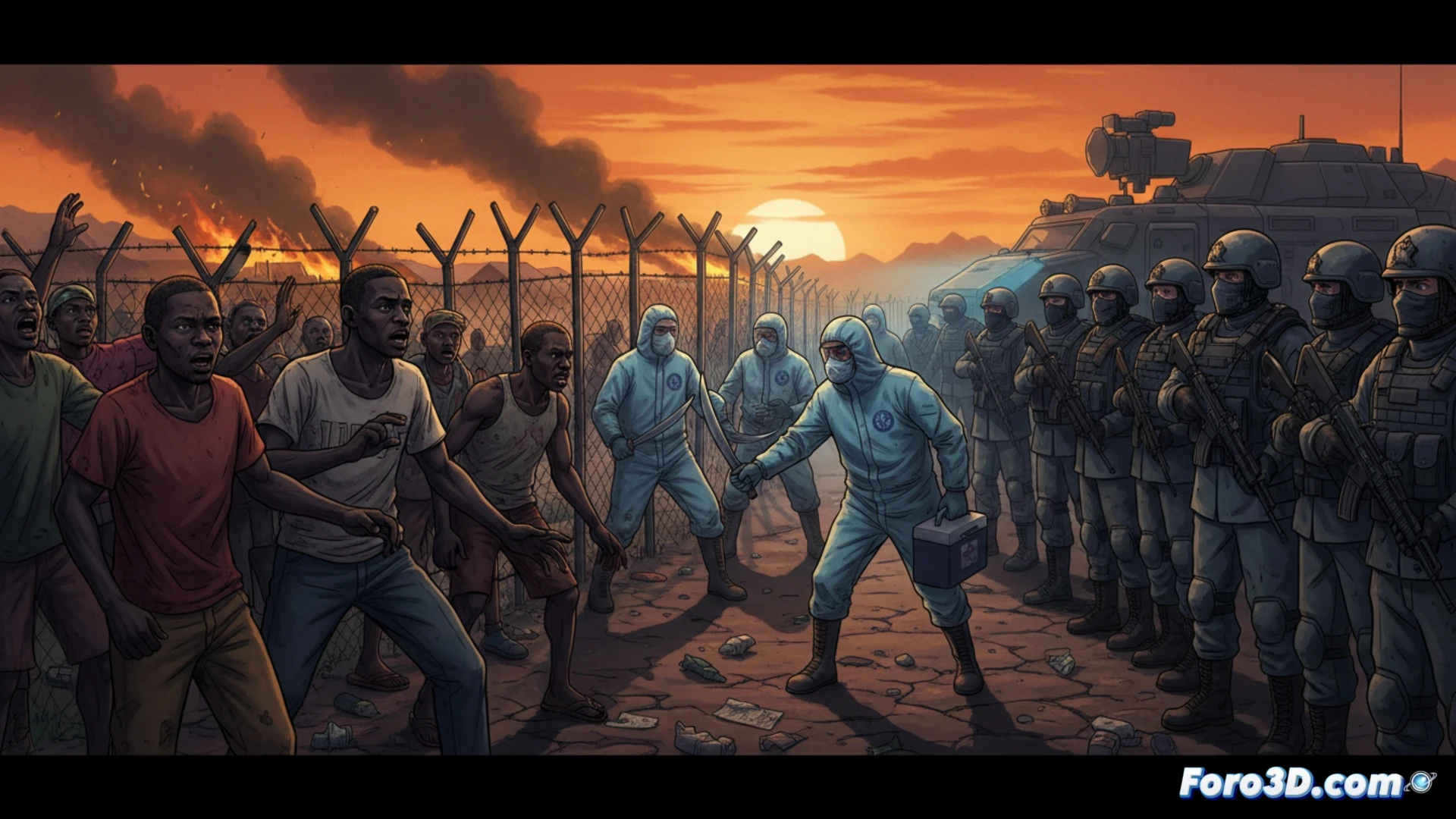 African landscape at dusk, red dirt road leading to a closed border gate with razor wire, armed guards in silhouette, a white UN medical jeep stopped on the opposite side, two hazmat-suited figures visible inside the vehicle, abandoned medical supply crates stacked near the gate, distant smoke rising from a village, cracked dry earth, dramatic storm clouds overhead, cinematic photorealistic style, high contrast lighting, desaturated green and brown tones, deep shadows, wide-angle lens perspective, sense of isolation and tension, ultra-detailed textures on uniforms and vehicle, no text or numbers visible
