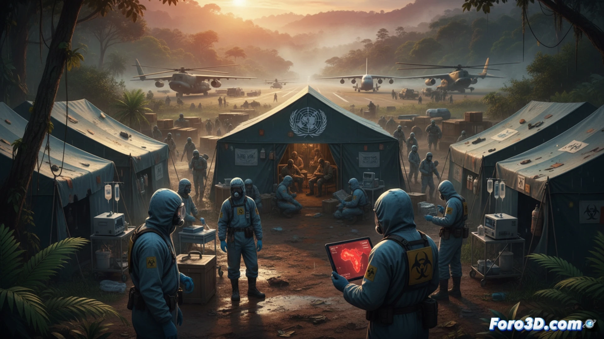 Aerial view of a remote medical outpost in dense Central African jungle, health workers in full hazmat suits unloading vaccine coolers from a rugged helicopter, a portable field laboratory with glowing biosafety cabinets visible through a tent opening, cracked dirt airstrip surrounded by thick vegetation, cinematic photorealistic technical illustration, dramatic overcast lighting, dust particles in rotor wash, reinforced supply crates stacked near a decontamination tent, satellite communication dish on a truck, high-detail medical equipment, sense of urgent logistics amid challenging terrain