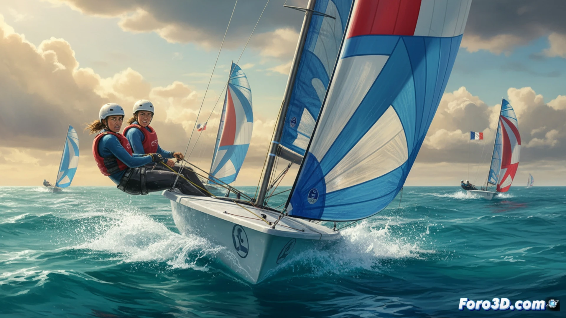 Two women sailors on a 49er FX skiff during a tight race, boat heeling sharply to windward as foils lift the hull, water spray arcing from the bow, crew member hiking out aggressively while trimming the mainsheet, second crew adjusting the jib and trapeze wire, intense focus on the crew faces, dramatic golden hour sunlight reflecting off the water, photorealistic sports photography style, dynamic action shot, competitive sailing scene, technical details of the carbon fiber rigging and sail controls visible, no text or numbers in the image