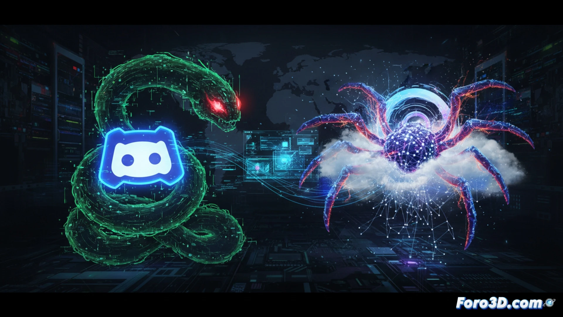 EchoCreep y GraphWorm backdoors infiltrando un servidor corporativo, código malicioso fluyendo desde iconos de Discord y Microsoft Graph API hacia un panel de control vulnerable, proceso de exfiltración de datos mostrando engranajes de IA girando sobre un mapa de red global, estilo cinematic technical illustration, iluminación ciberpunk azul y rojo, texturas metálicas de hardware de servidor, cables de fibra óptica brillantes, sombras profundas, alertas de seguridad parpadeando en monitores, partículas digitales flotando como polvo, ultra-detallado render photorealistic