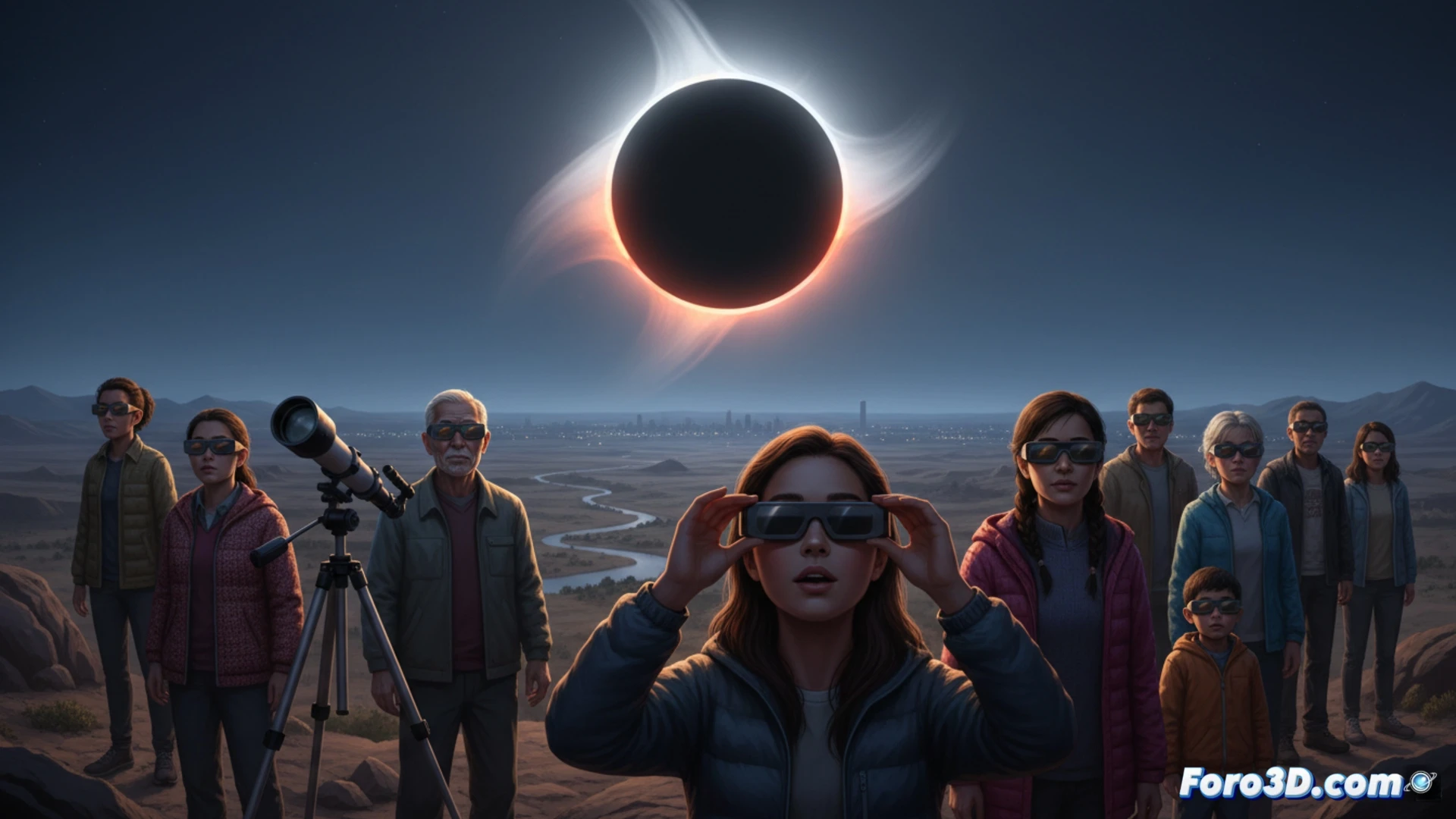 Close-up photorealistic technical illustration of a human eye retina being damaged by unfiltered intense sunlight during a total solar eclipse, a pair of certified eclipse glasses with CE logo and ISO 12312-2 marking lying unused on a table nearby, discarded obsolete methods like an X-ray film and welding goggles in the background, dramatic high-contrast lighting showing the blinding solar corona edge, cinematic medical visualization, detailed anatomical structures, warning atmosphere with deep shadows