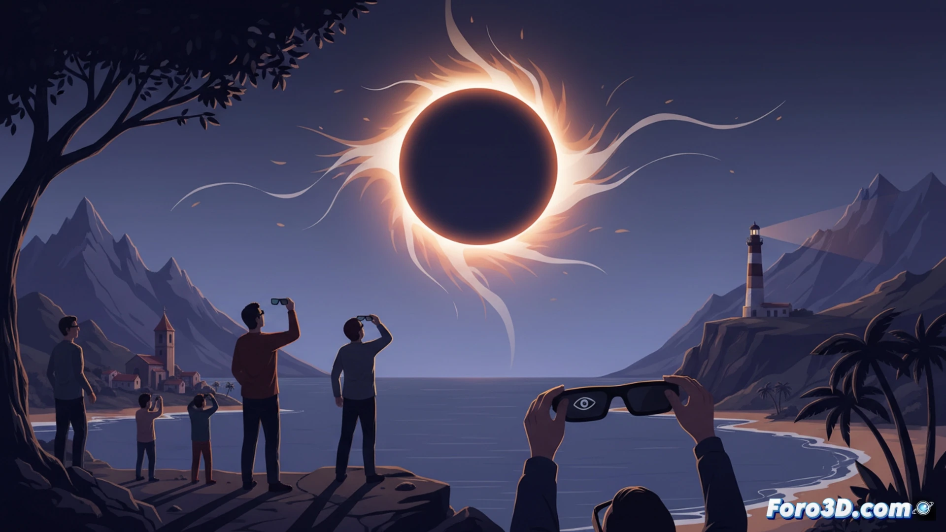 photorealistic scene showing a person in a sunlit Spanish plaza wearing eclipse glasses while positioning a solar filter over a DSLR camera lens on a tripod, another person using a pinhole projector made from cardboard casting a crescent sun shadow on the ground, intense sunlight creating sharp contrast, a warning-style illustration of infrared and UV radiation rays penetrating an unprotected eye model beside them, cinematic lighting with golden hour glow, ultra-detailed skin texture and lens reflections, technical medical visualization of retinal burn zone overlaid as a transparent diagram, dramatic safety demonstration