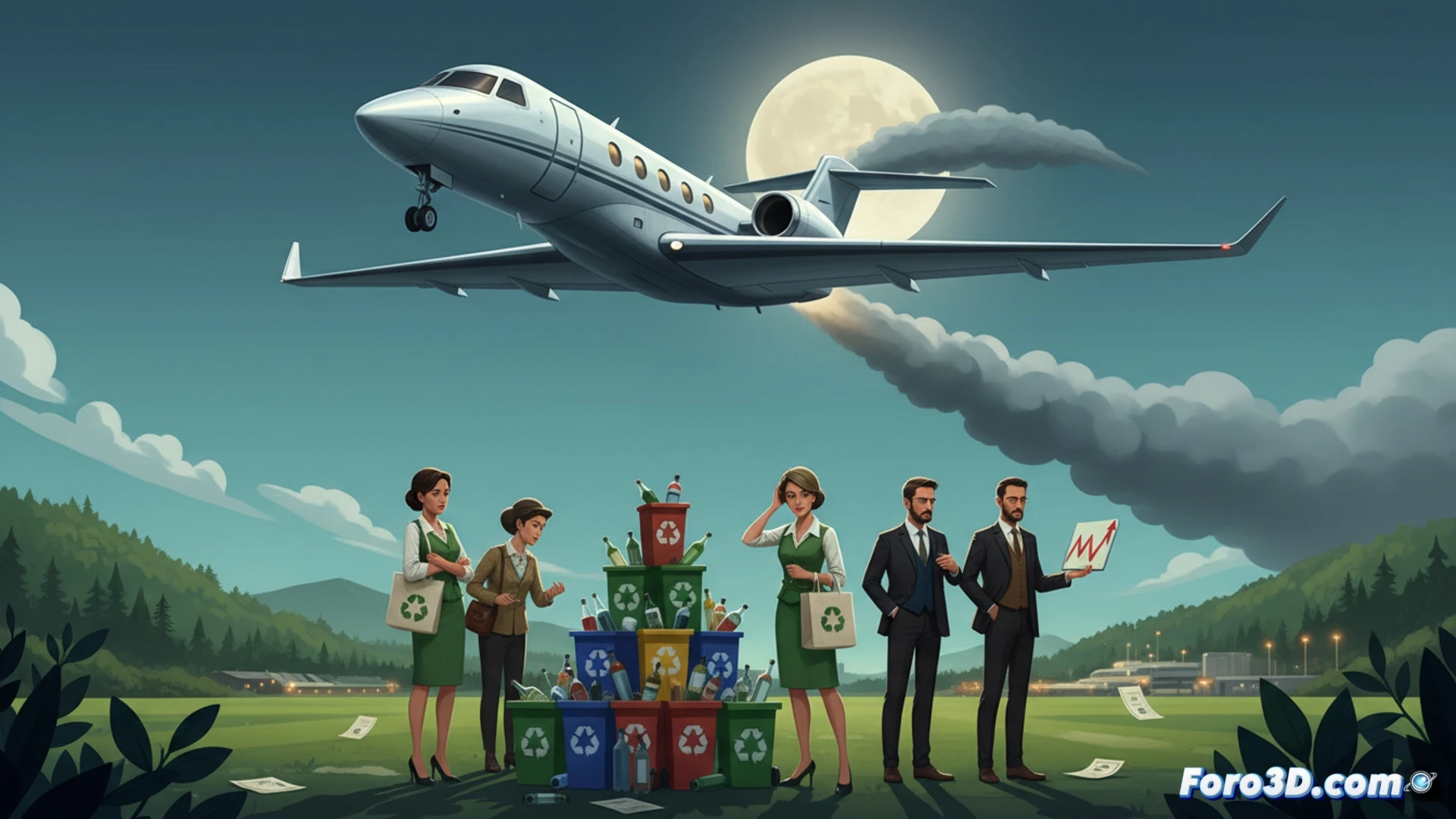 private jet taking off from a small airport runway, exhaust fumes visible against a sunset sky, a wealthy individual in casual luxury clothing holding a smartphone showing a recycling app, while a recycling bin with mixed waste sits unused nearby, contrasting actions of high carbon travel and low impact recycling, photorealistic cinematic style, dramatic golden hour lighting, sharp focus on jet engine heat haze and phone screen, environmental paradox visualized through concrete objects and actions