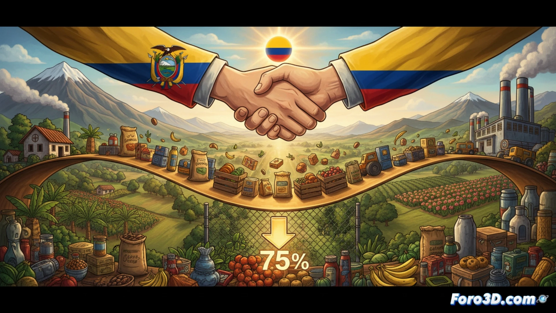 Un mapa de Ecuador y Colombia en tonos verdes y azules, con flechas curvas cruzando la frontera. Monedas y etiquetas de aranceles (75%) flotan sobre productos agrícolas e industriales.