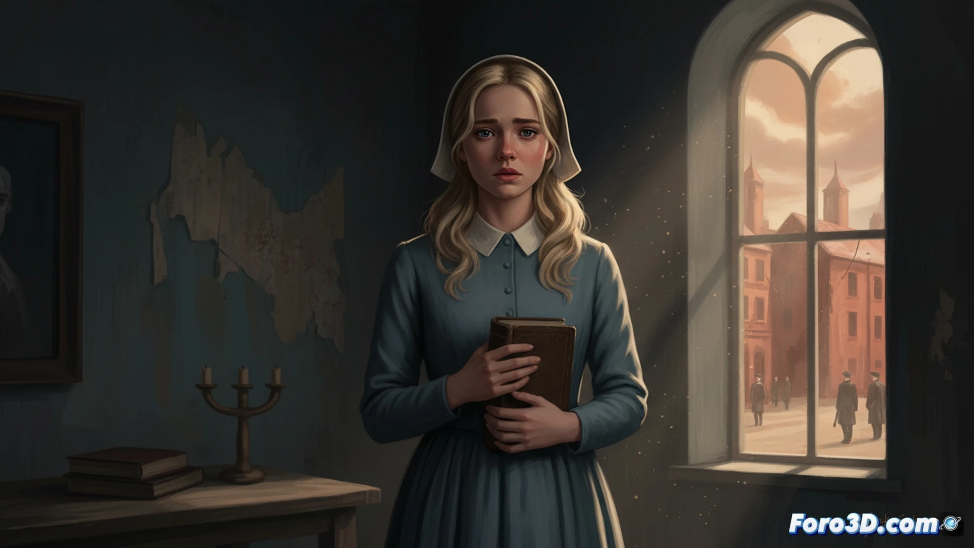 young girl in white handmaid dress with red bonnet standing in sterile government office, hands clasped nervously, older man in dark suit handing her a marriage certificate, cold fluorescent lighting casting harsh shadows on concrete floor, surveillance camera in corner, metal desk with paperwork and official stamps, cinematic photorealistic style, muted grey and red color palette, tense atmosphere, her reflection visible in glass window showing bleak landscape, ultra-detailed fabric textures, dramatic chiaroscuro lighting, dystopian bureaucratic setting