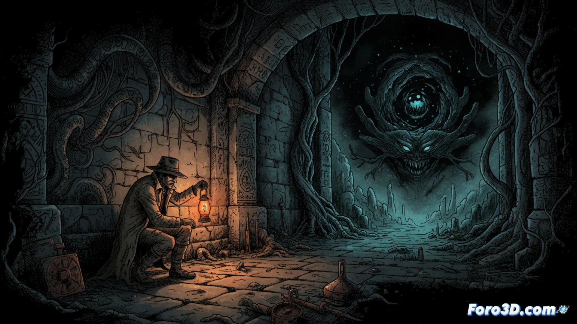 Edge of Sanity juego 2D lovecraftiano con iluminación dinámica en Unity y arte dibujado a mano