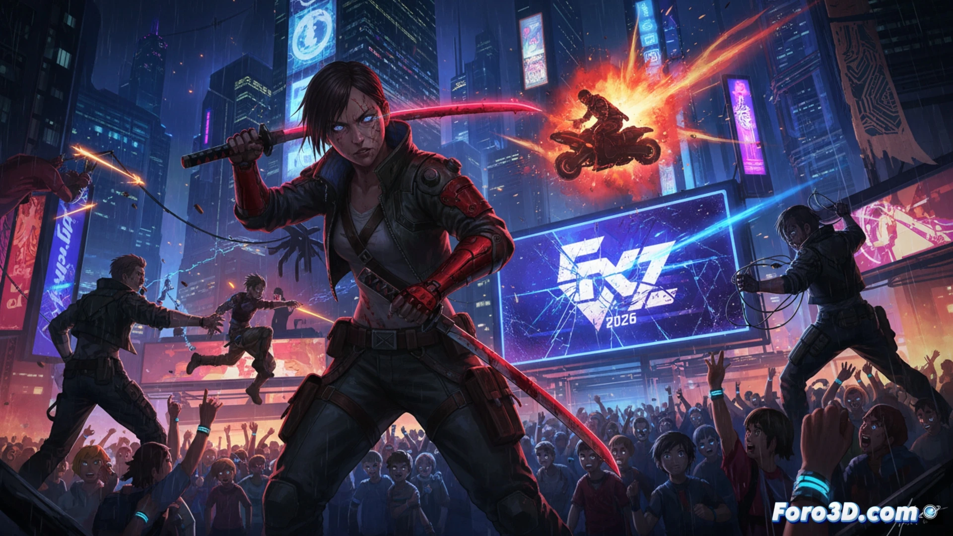 cyberpunk street alley at night, neon signs flickering red and blue, a chrome-enhanced figure with glowing eyes holding a monofilament whip mid-swing, blood splatter arcing from a shattered android torso, sparks flying from exposed circuits, rain-soaked asphalt reflecting city lights, cinematic action scene, dramatic low-angle shot, dark gritty atmosphere, motion blur on the whip tip, glowing blood droplets frozen in air, ultra-detailed cybernetic implants, photorealistic technical render