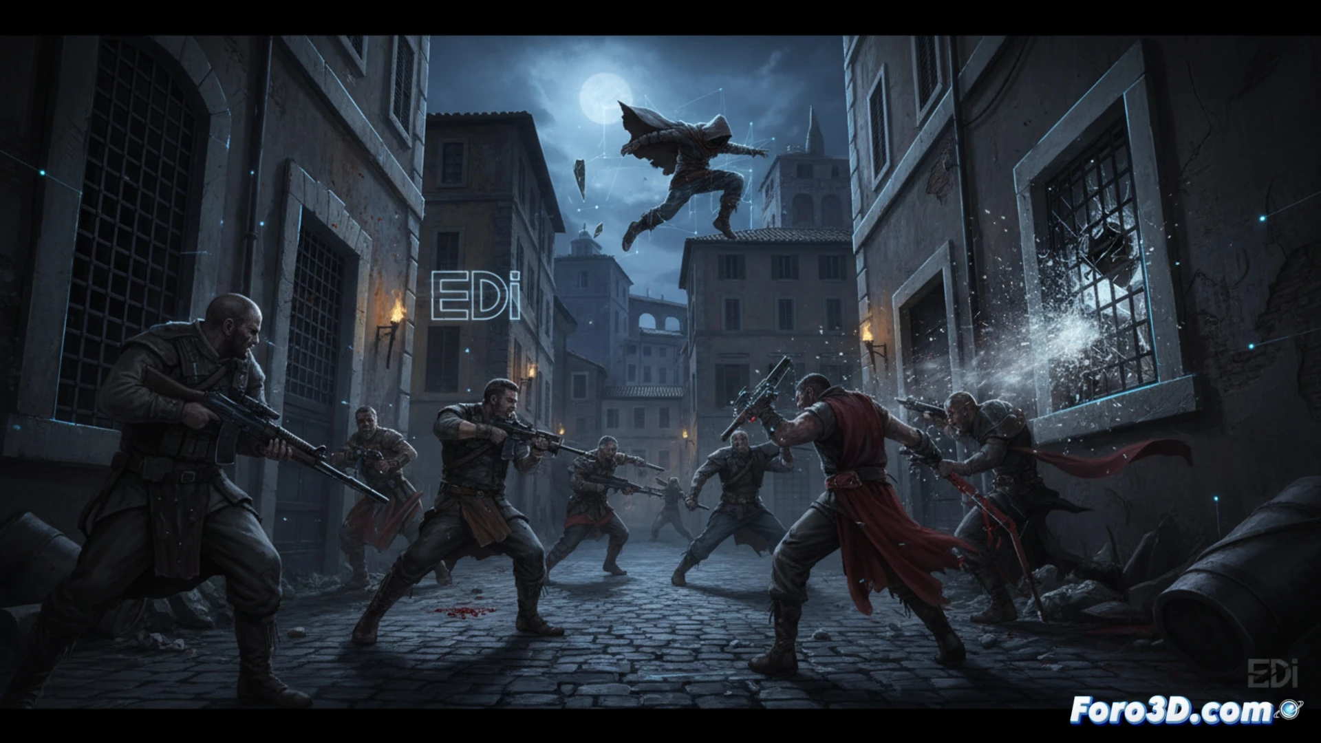 Una escena nocturna en Roma: dos figuras, un joven y una chica, corren por un callejón oscuro; al fondo, sombras borrosas y destellos de luces de neón. Sangre digital y acrobacias mejoradas se integran sin verse, en un realismo crudo que oculta los efectos invisibles del submundo criminal.
