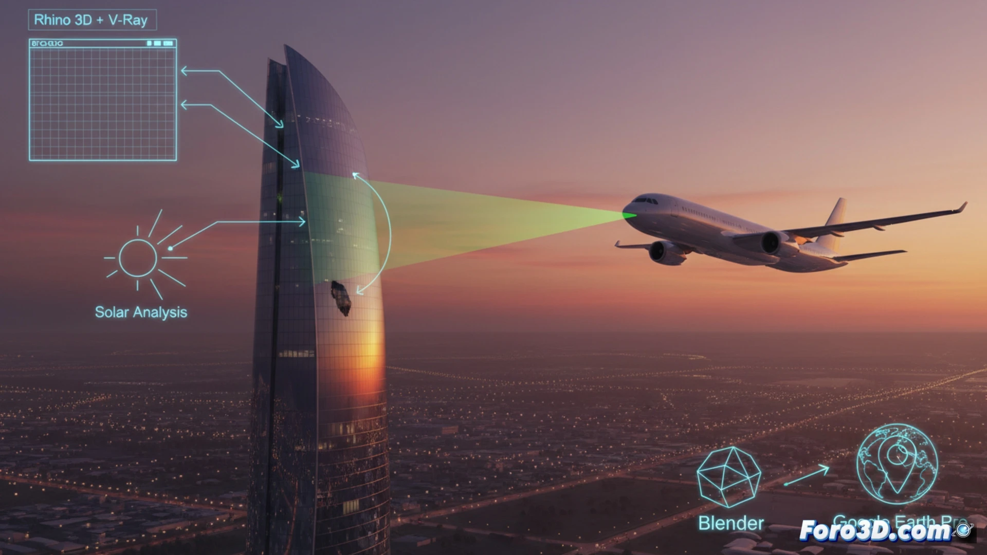 Modelo 3D de edificio curvo actuando como lente convergente sobre haz láser hacia cabina de avión en vuelo