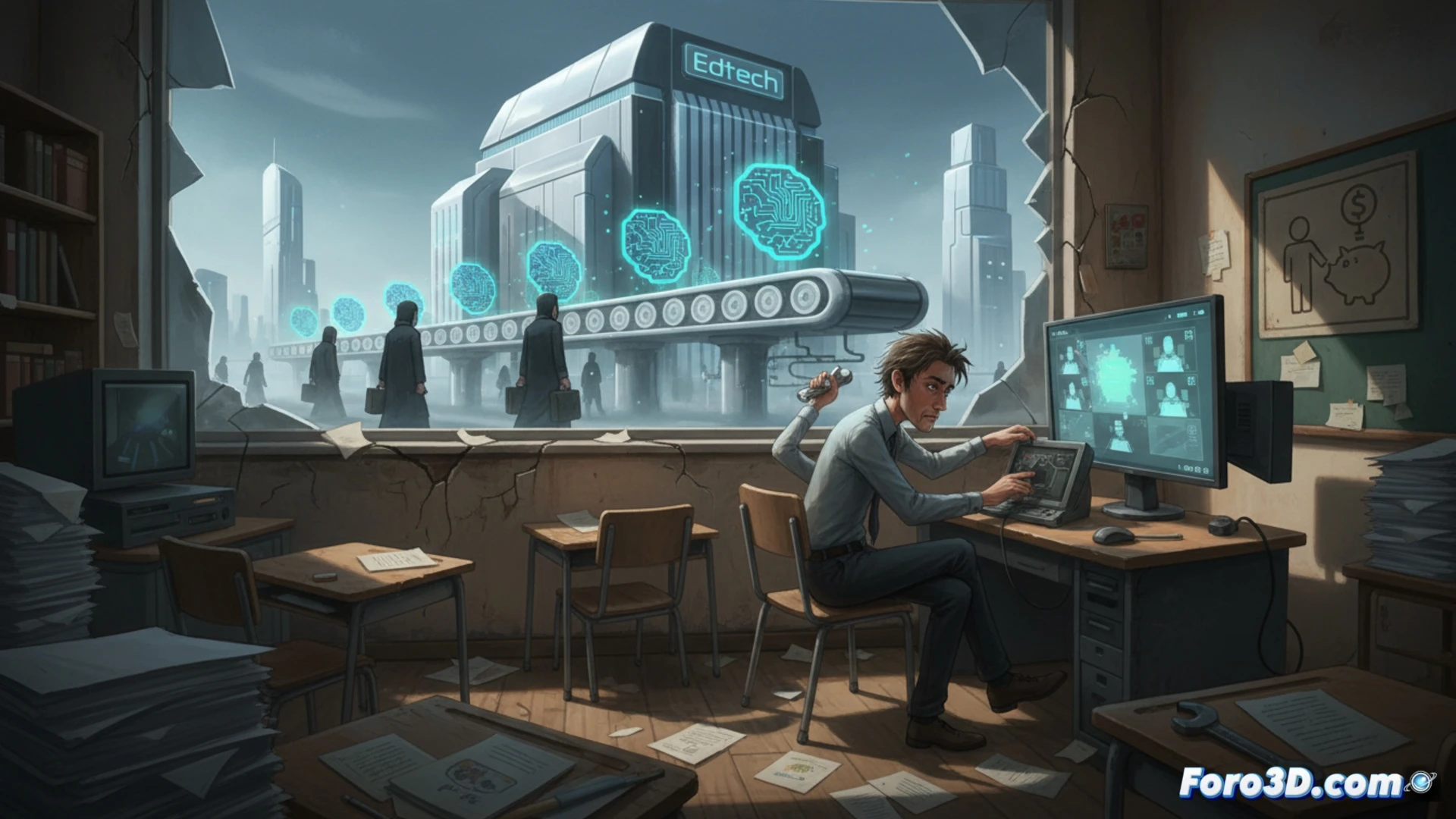 classroom interior with empty desks and a single overburdened teacher facing a glowing digital dashboard, stacks of paper files and red tape piling up on the desk, a cracked chalkboard behind showing a broken budget graph, teacher holding a tablet while a ghostly silhouette of a colleague fades away, technical illustration style, cold fluorescent lighting, desaturated colors, clutter of cables and outdated monitors, dust motes in air, photorealistic cinematic render