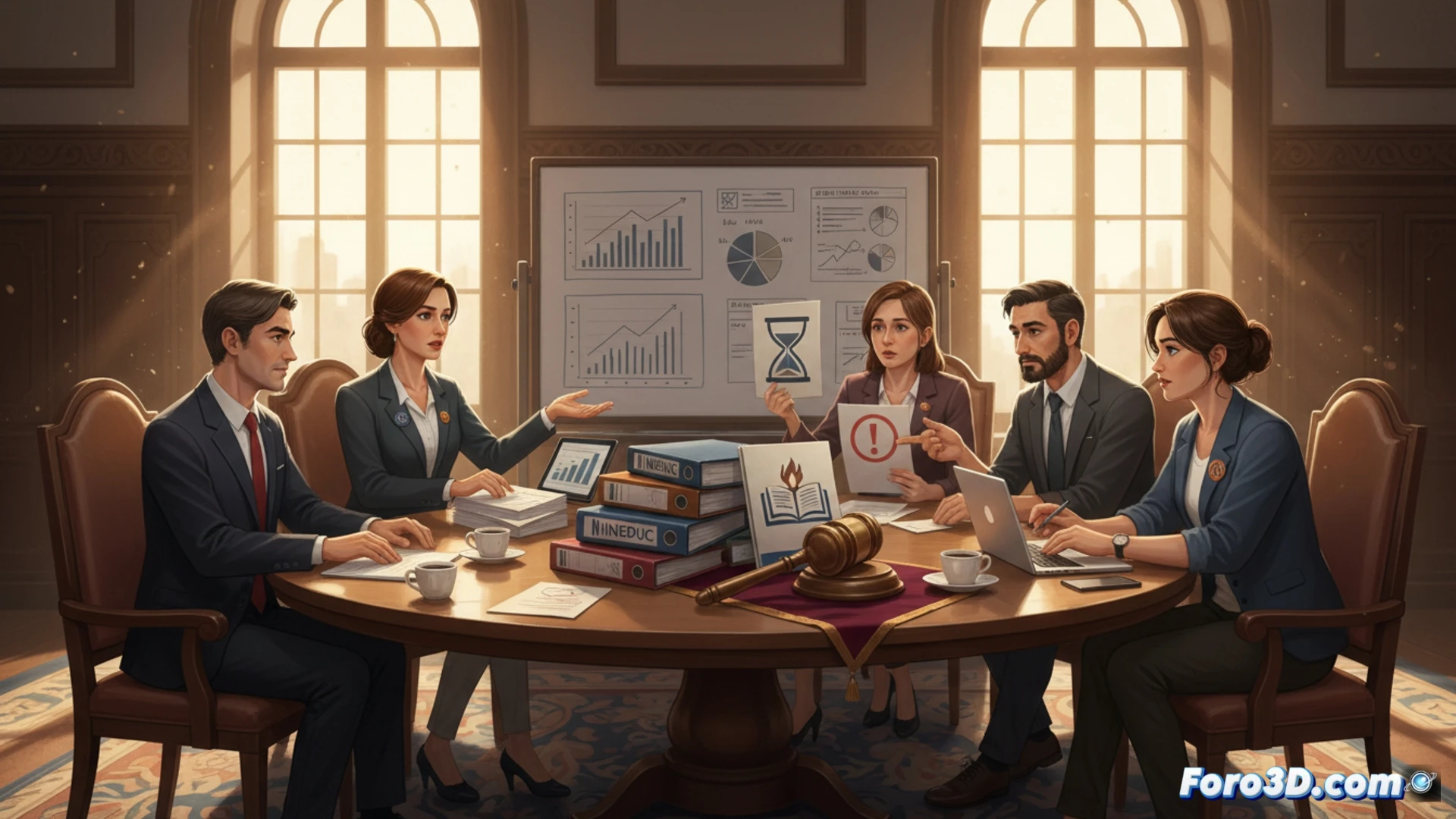 classroom negotiation scene, teachers union representatives pointing at documents on a wooden table, education ministry officials gesturing with laptops open, a clock on the wall showing critical time, stack of papers labeled proposal and demands, chalkboard with partial strike calendar in background, cinematic photorealistic technical illustration, warm office lighting, tense atmosphere, blurred figures in motion, detailed facial expressions, professional attire, high contrast shadows, 8K render