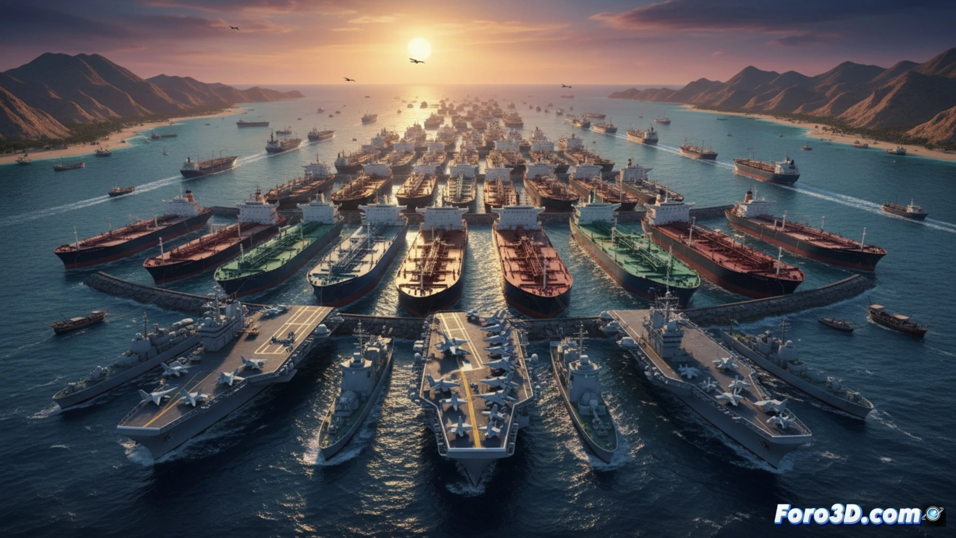 90 container ships motionless in tight formation across narrow Strait of Hormuz, US Navy patrol boats circling with spotlights, red warning buoys floating between vessels, cargo cranes locked in standby position, one oil tanker with anchor chain taut against current, still water reflecting hazy desert coastline, military radar dishes rotating on distant hill, cinematic photorealistic engineering visualization, tense industrial atmosphere, overcast sky with low clouds, ultra-detailed ship hulls and deck machinery, dramatic maritime lighting, technical illustration style