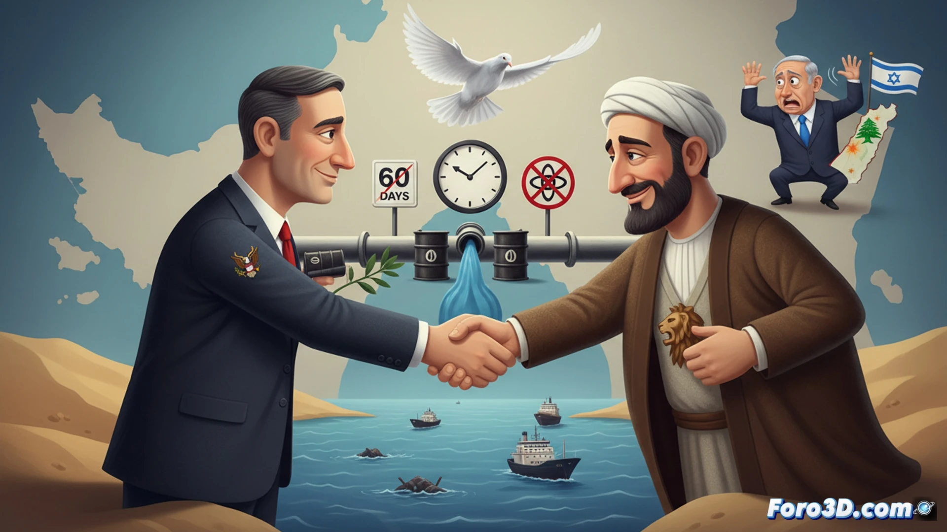 Middle Eastern oil tanker navigating through narrow Strait of Hormuz, naval mines being remotely detonated in water by robotic underwater drones, smoke plumes rising from explosions, US and Iranian flags on nearby warships, satellite dish arrays on deck transmitting ceasefire data, glowing green radar screens showing shipping lanes reopening, dramatic sunset lighting over calm Gulf waters, photorealistic military engineering visualization, ultra-detailed hull textures, reflective water surface with oil sheen, cinematic wide-angle shot