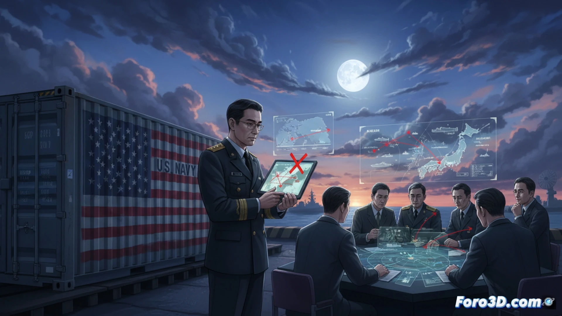 Japonese military officers examining a large digital display showing a delayed missile delivery timeline, red warning markers over Tomahawk cruise missile schematics, a torn calendar page flipping between 2025 and 2027, hands pointing at a disrupted supply chain flowchart, technical engineering visualization, dim command center lighting, holographic map of East Asia with crosshair symbols over China and North Korea, realistic military hardware textures, photorealistic strategic planning scene