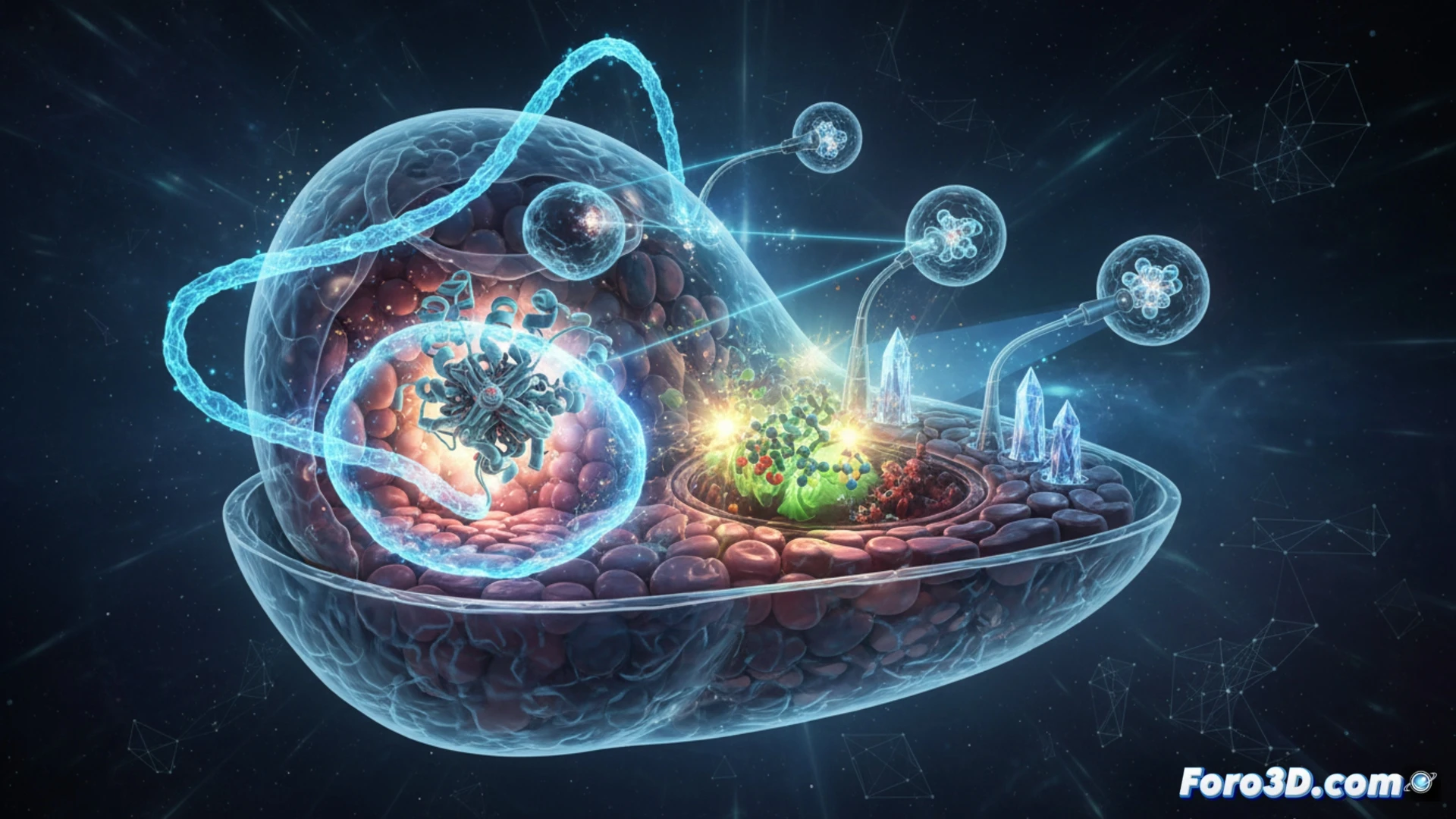 photorealistic cinematic visualization of a human cell interior during quantum biological processes, enzyme reactions accelerated by quantum superposition effects shown as glowing energy waves interacting with molecular structures, photosynthesis optimization demonstrated through entangled photon pathways in chloroplasts, mitochondria emitting quantum tunneling particles, medical therapy applications hinted by DNA strands surrounded by quantum field lines, technical illustration style, dark biological background with neon blue and green highlights, ultra-detailed cellular components, dramatic microscopic lighting, 3D render quality, sharp focus on quantum interactions