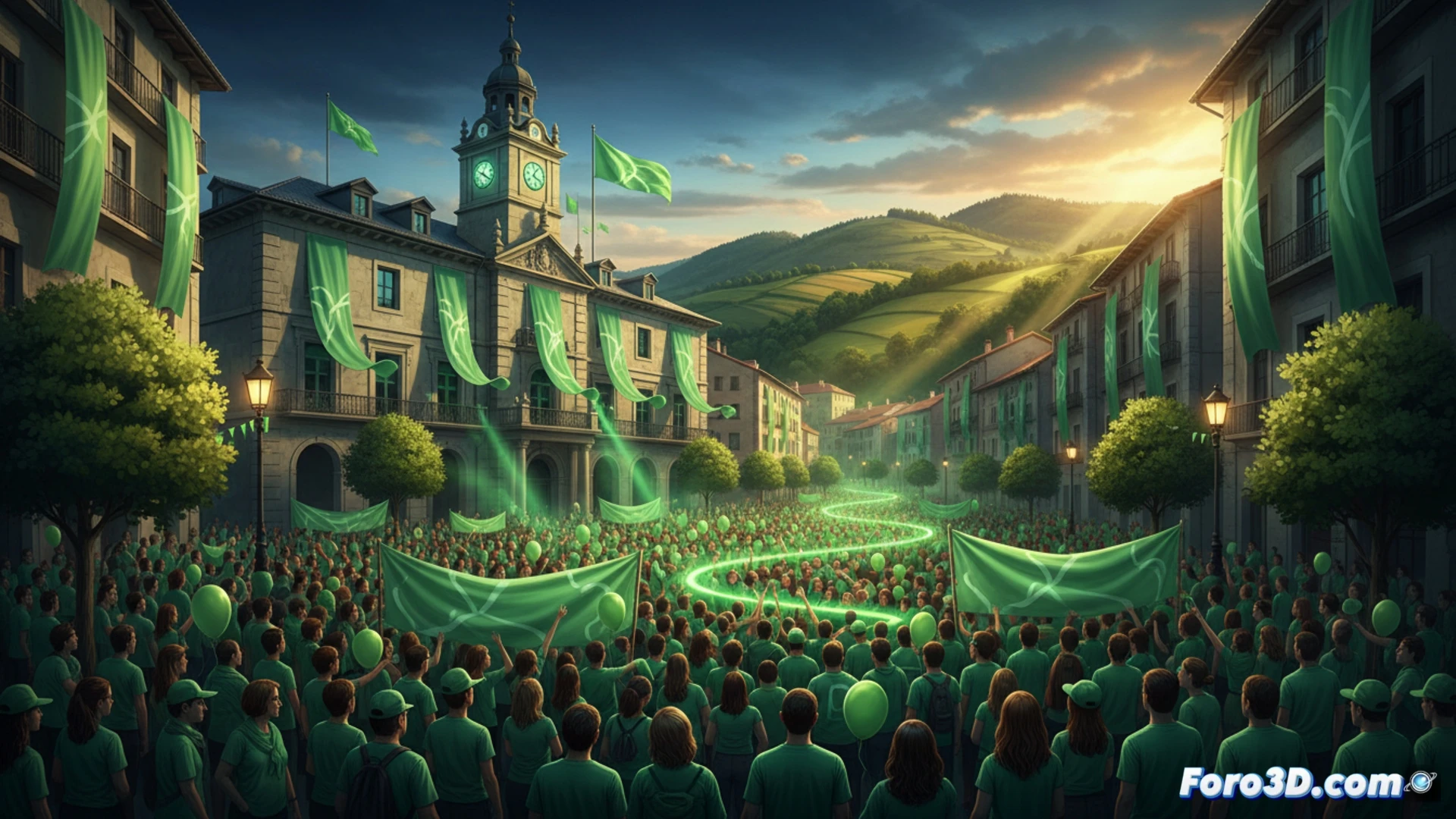 Aerial view of a large crowd of people walking through a narrow street in a historic Basque town, all wearing bright green shirts, forming a moving green river between stone buildings, green banners and flags waving above the crowd, sunlight casting long shadows during the afternoon march, photorealistic cinematic style, warm golden hour lighting, high dynamic range, sharp focus on the unified green mass moving forward, deep blue sky with soft clouds, emotion of solidarity and hope, ultra-detailed urban landscape, dramatic community action shot