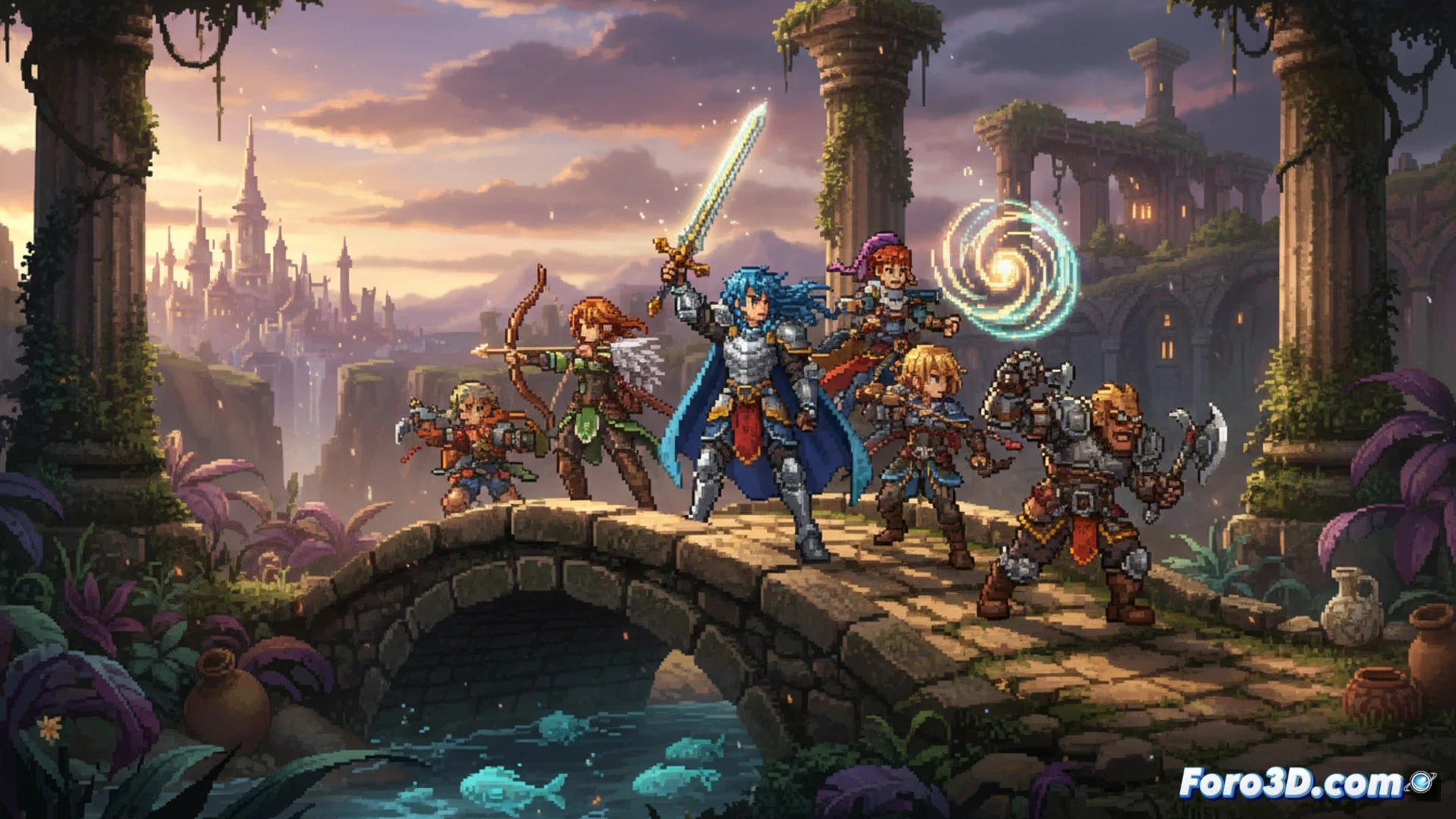 Descripción: Pixel art detallado de guerreros 2D en un paisaje 3D con profundidad de campo, evocando nostalgia RPG.