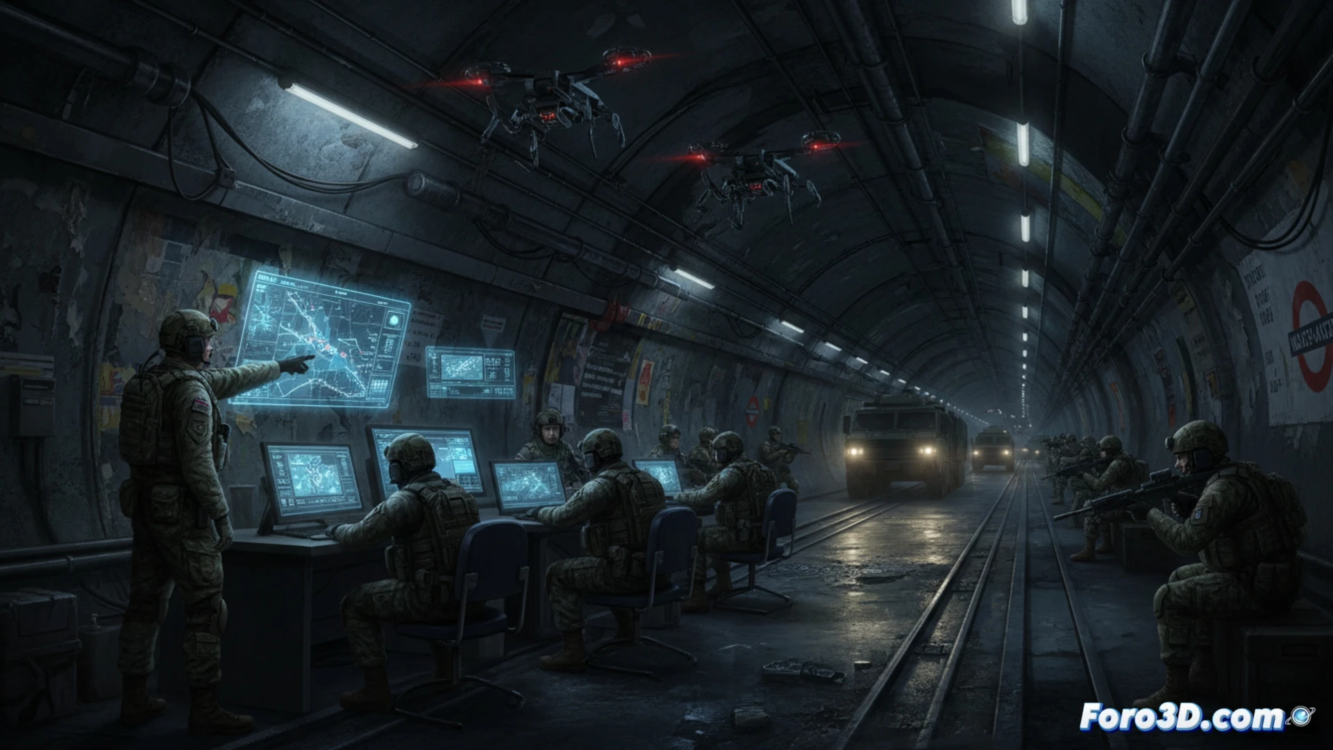 Ejército británico en un túnel de metro abandonado, estación de Charing Cross, operando un puesto de mando táctico subterráneo. Soldados con auriculares y cascos tácticos monitorean pantallas de radar y mapas digitales en tiempo real, mostrando tropas aliadas en movimiento. Un oficial señala una ruta de despliegue mientras otro ajusta antenas de comunicaciones portátiles. Luces LED azules iluminan el hormigón húmedo y las vías oxidadas, con cables de fibra óptica serpenteando por el suelo. Estilo cinematográfico fotorrealista, iluminación industrial dramática, ambiente claustrofóbico, equipamiento militar detallado, alta nitidez técnica.