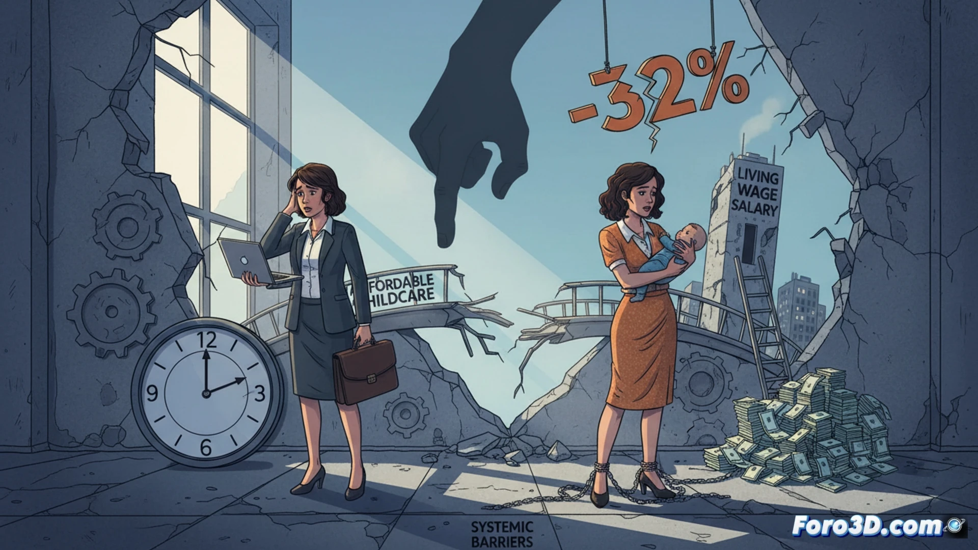 split-screen scene contrasting two realities: left side shows a frustrated parent struggling with a toddler near a factory entrance while checking a clock, right side displays a factory manager looking at a spreadsheet showing 32% part-time employment and wage calculations, both sides connected by a broken chain link, cinematic photorealistic technical illustration, harsh fluorescent industrial lighting, tired expression on worker, clean corporate office lighting on manager, spreadsheet rows and columns visible as technical detail, concrete floor and steel machinery in left scene, monitor and keyboard in right scene, dramatic shadow play across the divide