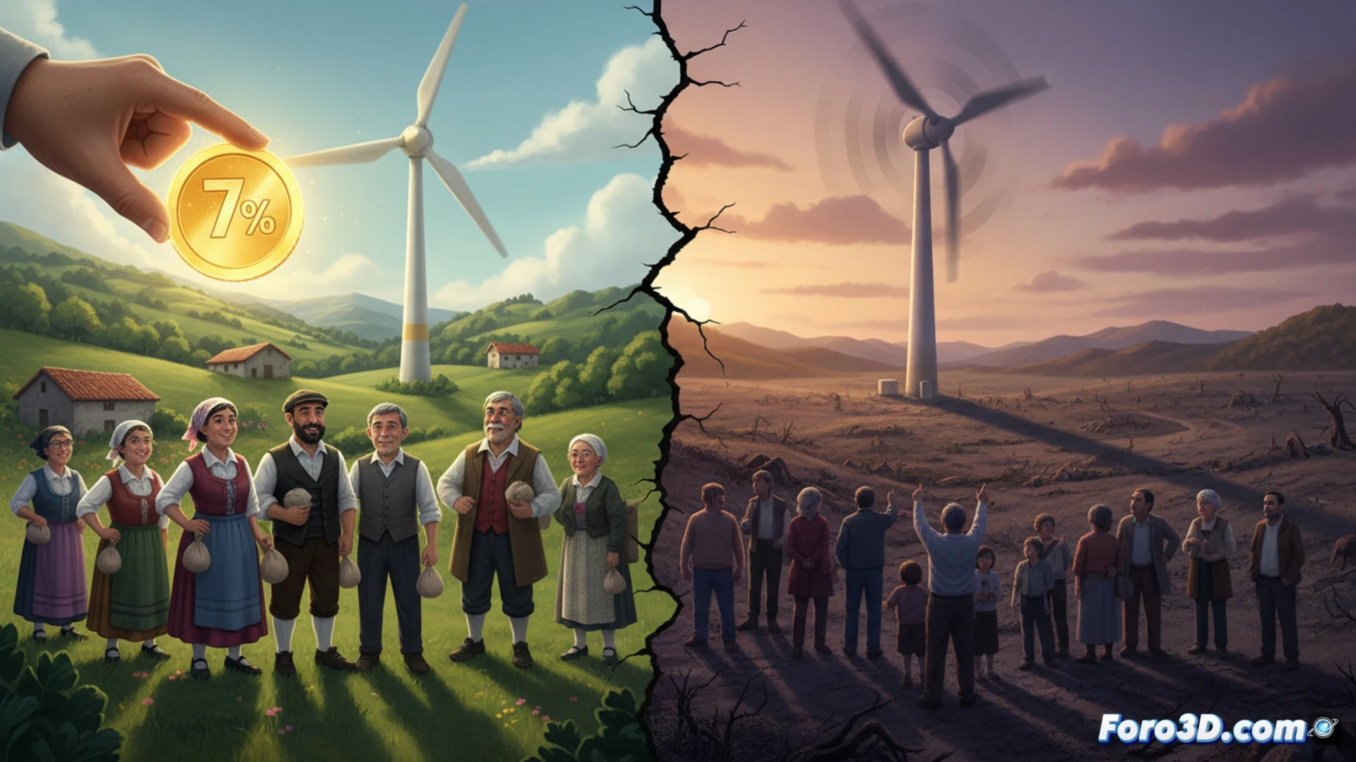 Financial barrier visualization showing a hand dropping a single 1000-euro coin through a transparent filter shaped like a wind turbine blade, while a crowd of silhouetted figures stands behind a glass wall watching the landscape with spinning turbines, photorealistic technical illustration, cinematic lighting from above casting long shadows, coin passing through glowing green percentage indicators embedded in the filter, detailed metallic turbine components visible in background, foreground showing exclusion zone marked with red boundary lines on blueprint paper, dramatic contrast between illuminated coin path and darkened figures, ultra-detailed engineering visualization