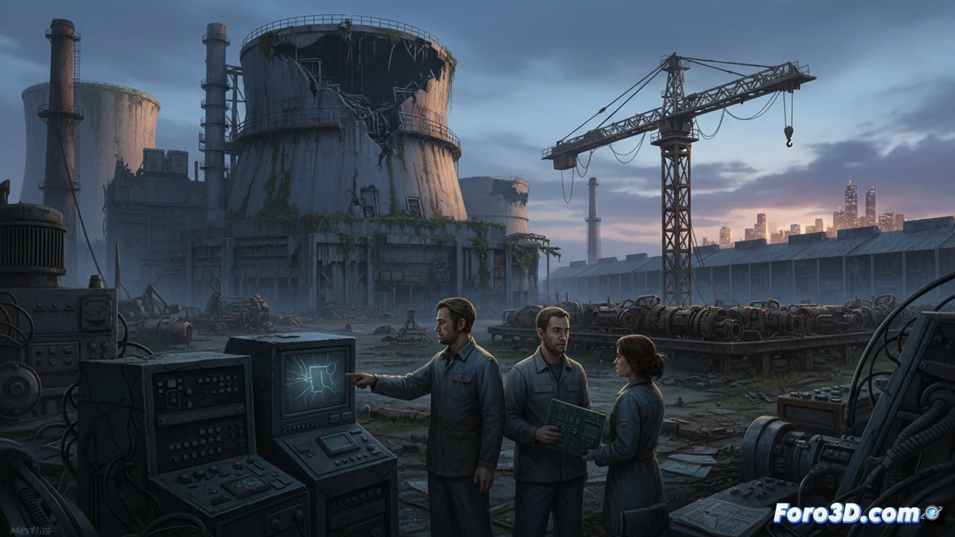 Descripción: Reactor nuclear apagado y polvoriento, con ingenieros solitarios revisando planos olvidados entre maquinaria oxidada y estanterías vacías.