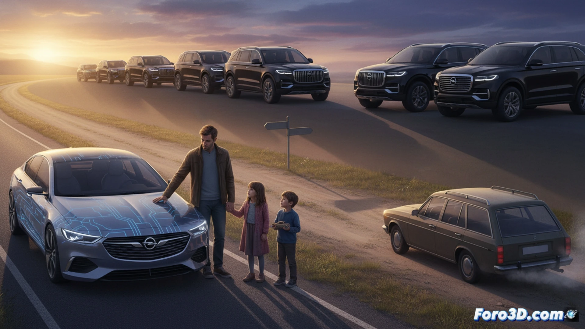 Familia en concesionario vacío observando un Opel Insignia eléctrico cubierto con una funda gris, mientras un vendedor retira un cartel de oferta, al fondo un SUV de lujo iluminado con focos LED, herramientas de diagnóstico en el suelo, cables de carga desconectados, expresión de decepción en los padres, niño tocando el capó, estilo cinematográfico fotorrealista, iluminación fría de showroom, tonos azulados y grises, composición simétrica, texturas metálicas y de vinilo, profundidad de campo suave, render técnico de alta definición