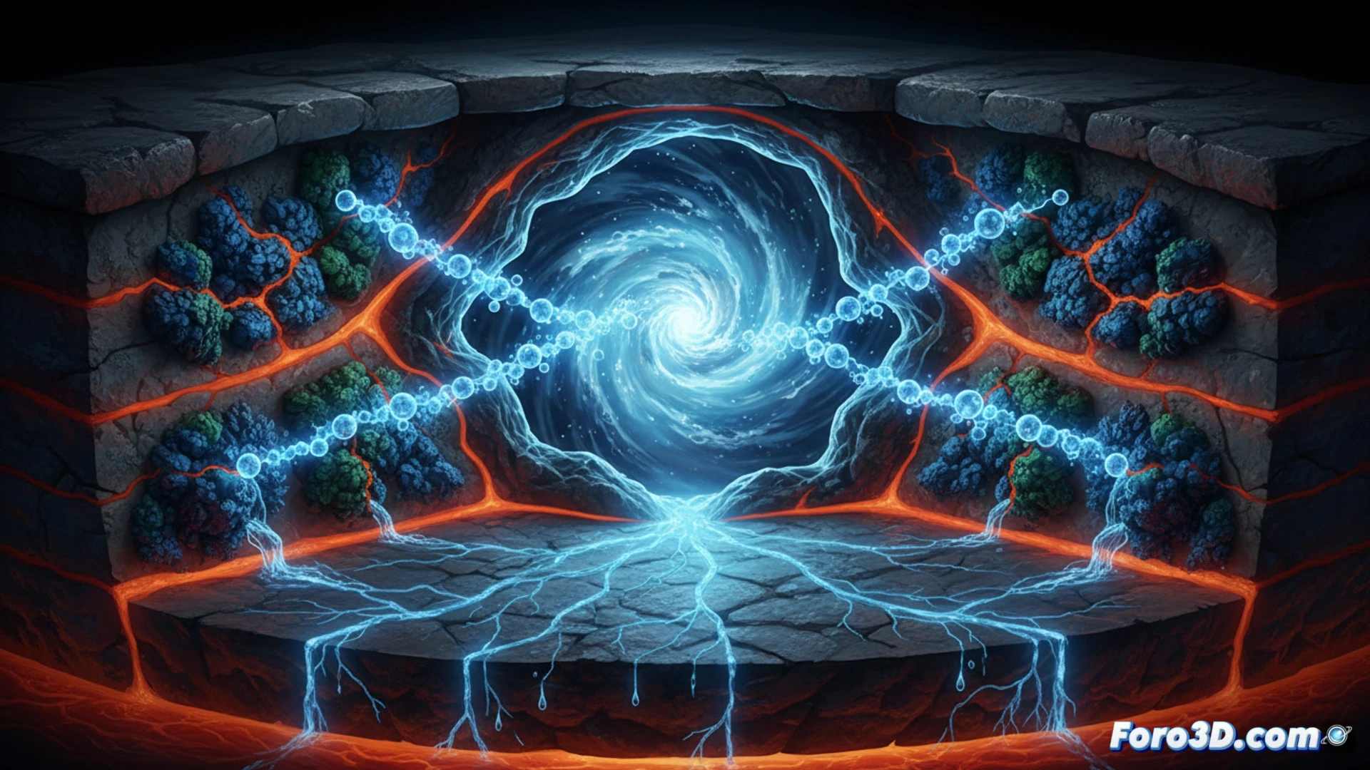 Cross-section of Earth's mantle showing hydrogen molecules (small blue spheres) reacting with oxygen-rich mineral crystals (red-orange octahedra) to form water droplets, glowing reaction zones along deep rock fractures, upward migration of newly formed water through porous geological layers, cinematic scientific visualization, photorealistic volumetric lighting, Earth's core glowing in deep background, magma veins radiating heat, mineral surface textures with crystalline facets, dynamic particle effects demonstrating molecular bonding, deep earth pressure atmosphere, ultra-detailed geophysical render
