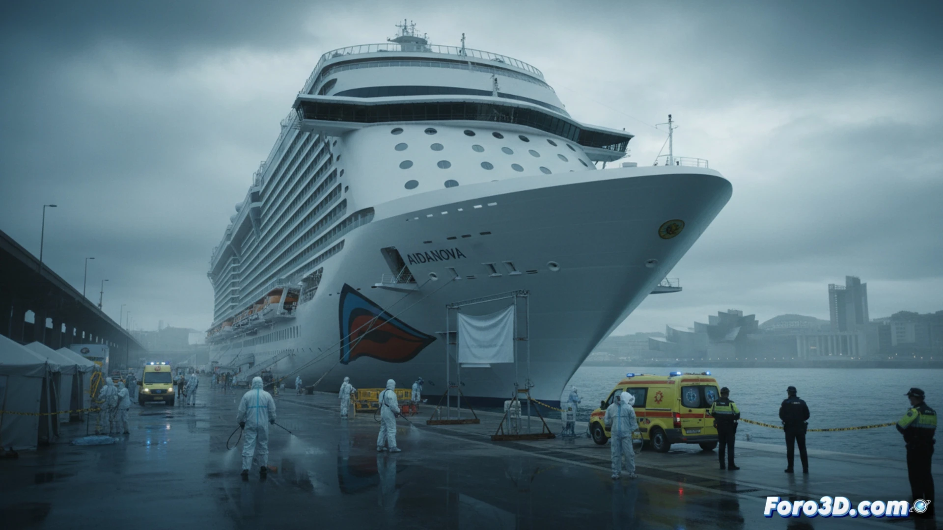 Descripción detallada (80-120 caracteres):  
Crucero AIDAnova atracando en Bilbao bajo protocolo sanitario por brote de norovirus; personal desinfecta zonas comunes.