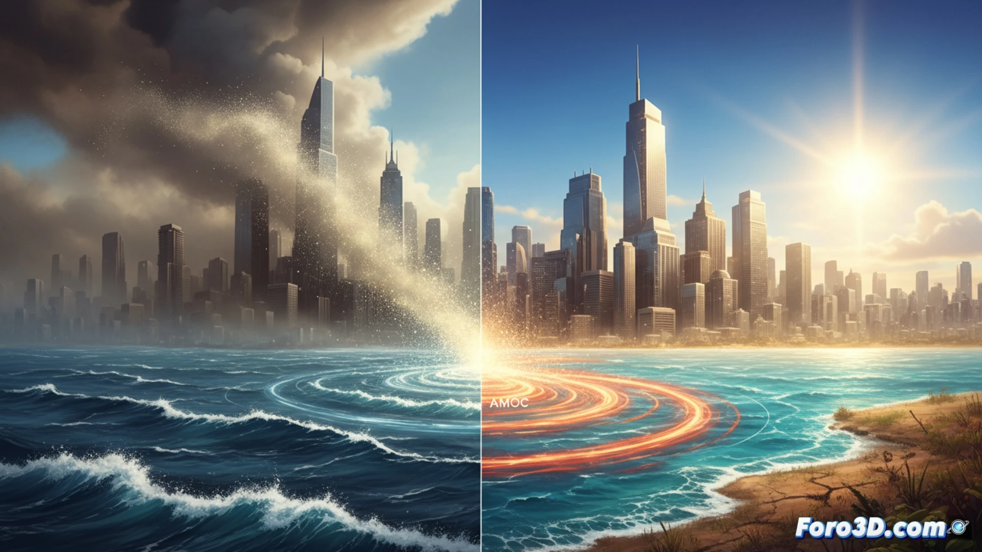 Photorealistic scientific visualization of Earth s atmosphere showing two contrasting halves: one side hazy with industrial pollution particles reflecting sunlight back into space, the other side clear blue sky with intense solar radiation reaching ocean surface, while a glowing Atlantic Ocean current system weakens and fractures near Greenland, cinematic global climate illustration, dramatic lighting from sun hitting particle layers, detailed cloud formations, ocean currents rendered as luminous blue pathways, ultra-realistic atmospheric scattering, high-contrast environmental warning aesthetic, technical earth science render