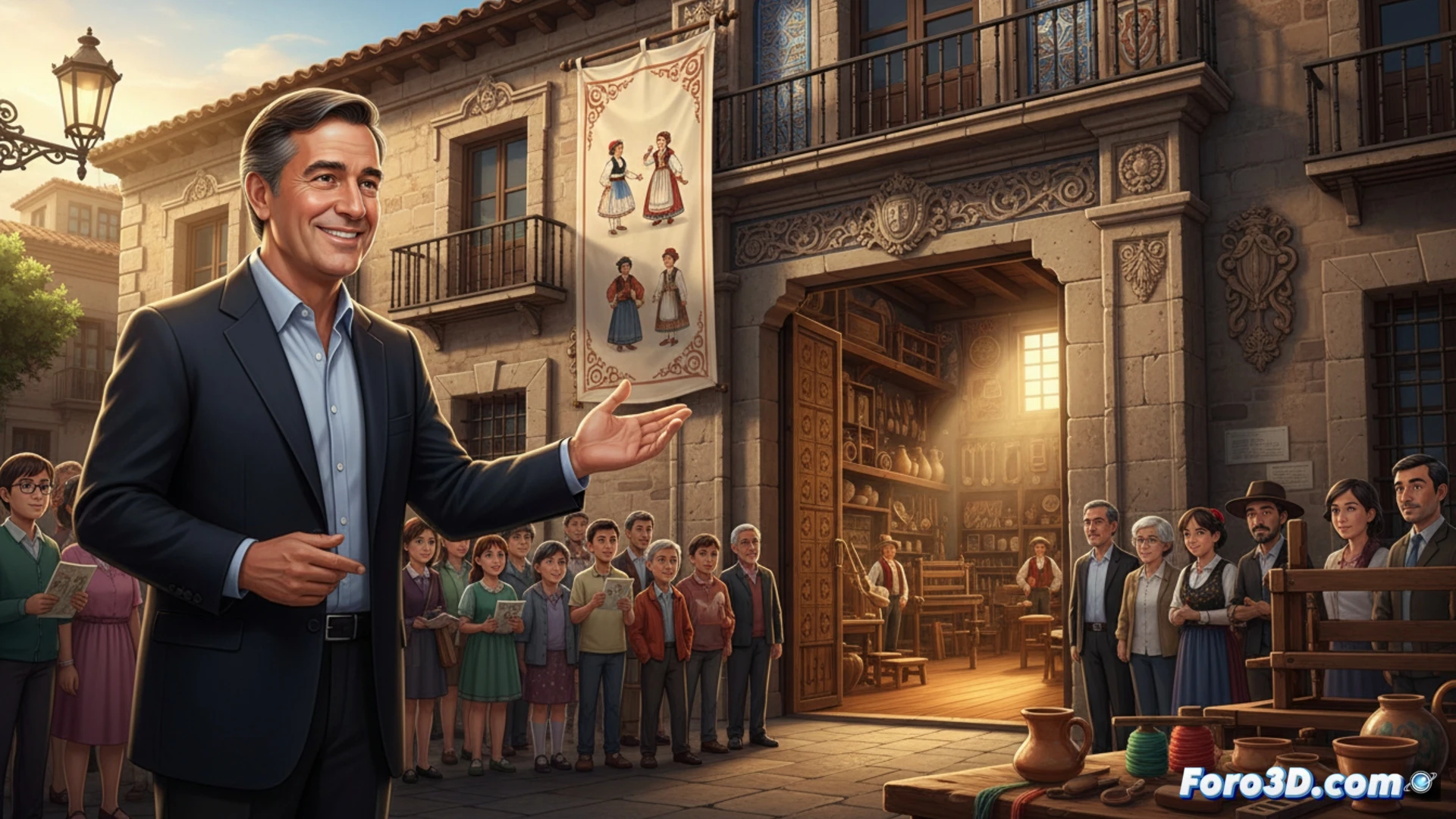 El alcalde señala la entrada del museo, invitando a vecinos y turistas a explorar vitrinas con objetos tradicionales y oficios artesanales.