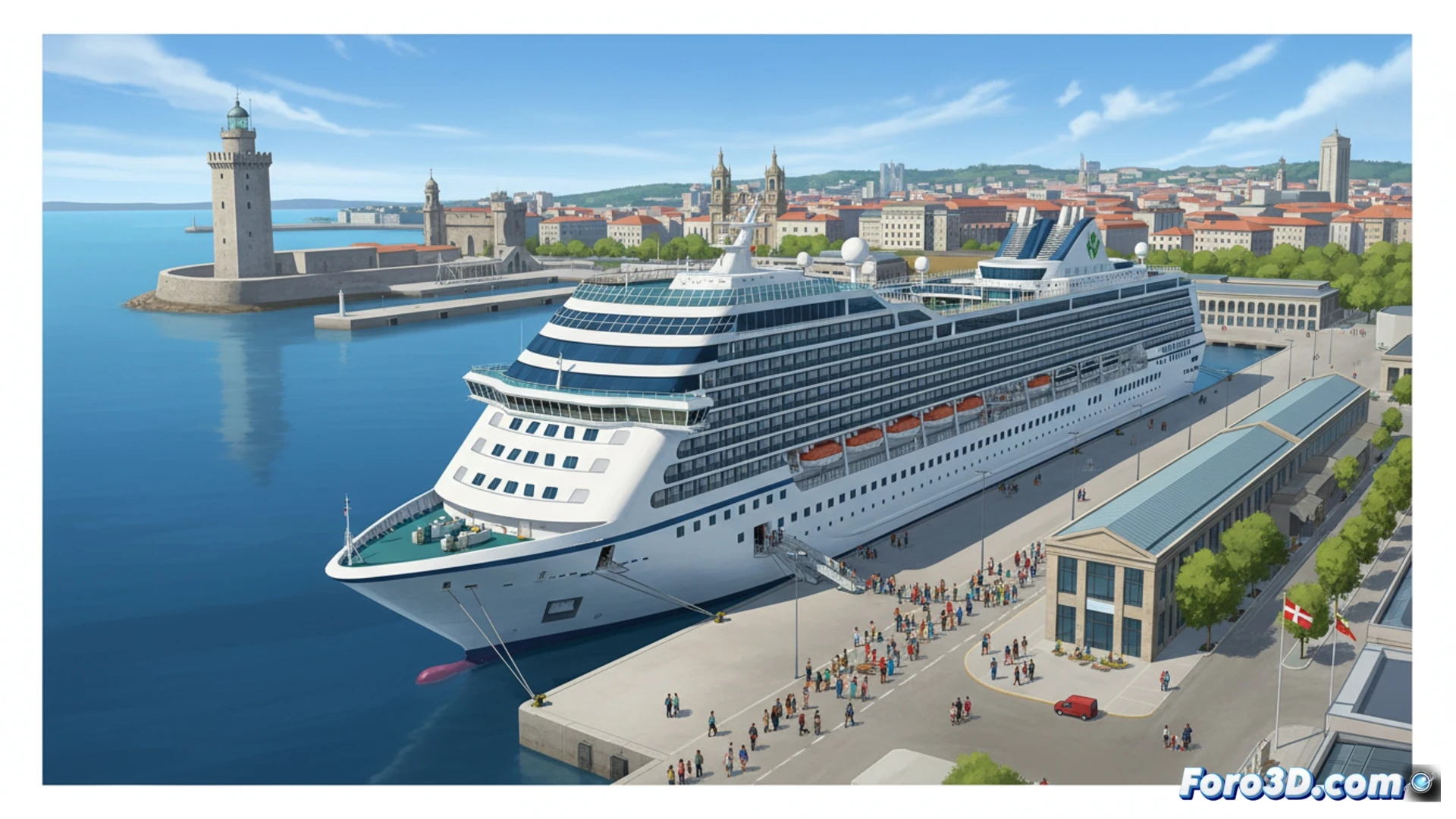 Crucero Ambition atracando en el puerto de A Coruña durante la mañana del 16 de mayo de 2026, grúas portuarias en movimiento mientras pasajeros descienden por la pasarela hacia el muelle, maletas y mochilas siendo revisadas por personal de aduanas, pantallas de check-in mostrando horarios de salida, contenedores apilados en la terminal, cables de amarre tensos entre el barco y los bolardos, sol matinal reflejándose en el casco blanco del buque, estilo cinematográfico hiperrealista, iluminación natural nítida, texturas metálicas detalladas, atmósfera portuaria activa, render técnico fotorealista