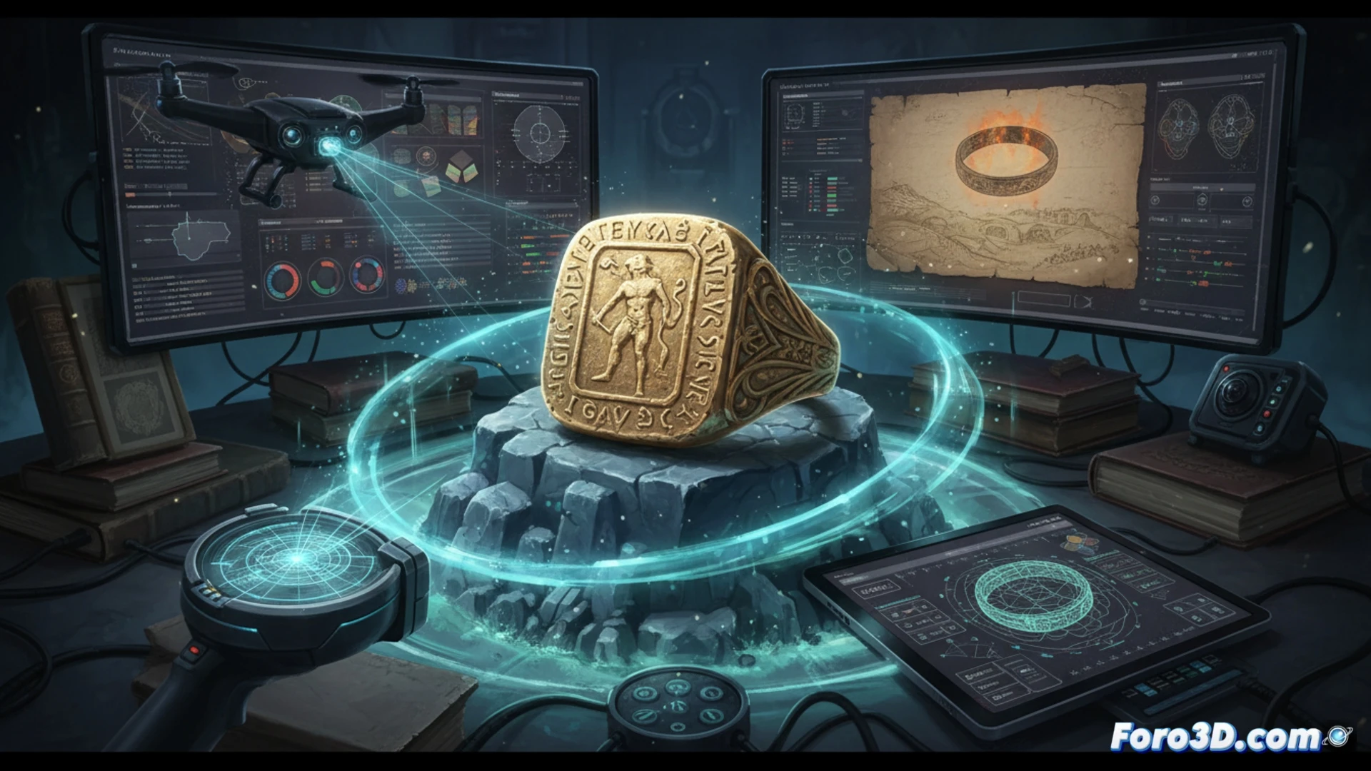 Anillo de Silviano romano oro fotogrametría 3D detalle inscripción latina Príapo arqueología digital