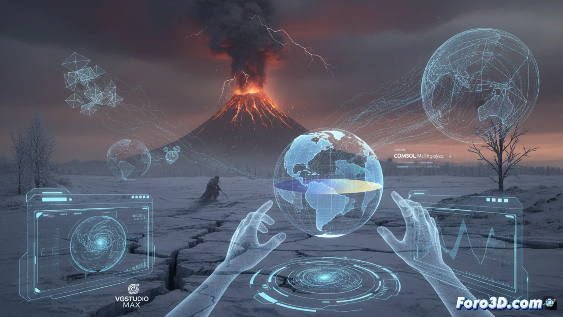 Recreación 3D de la erupción del Monte Tambora en 1815 con dispersión de ceniza y nubes de tormenta