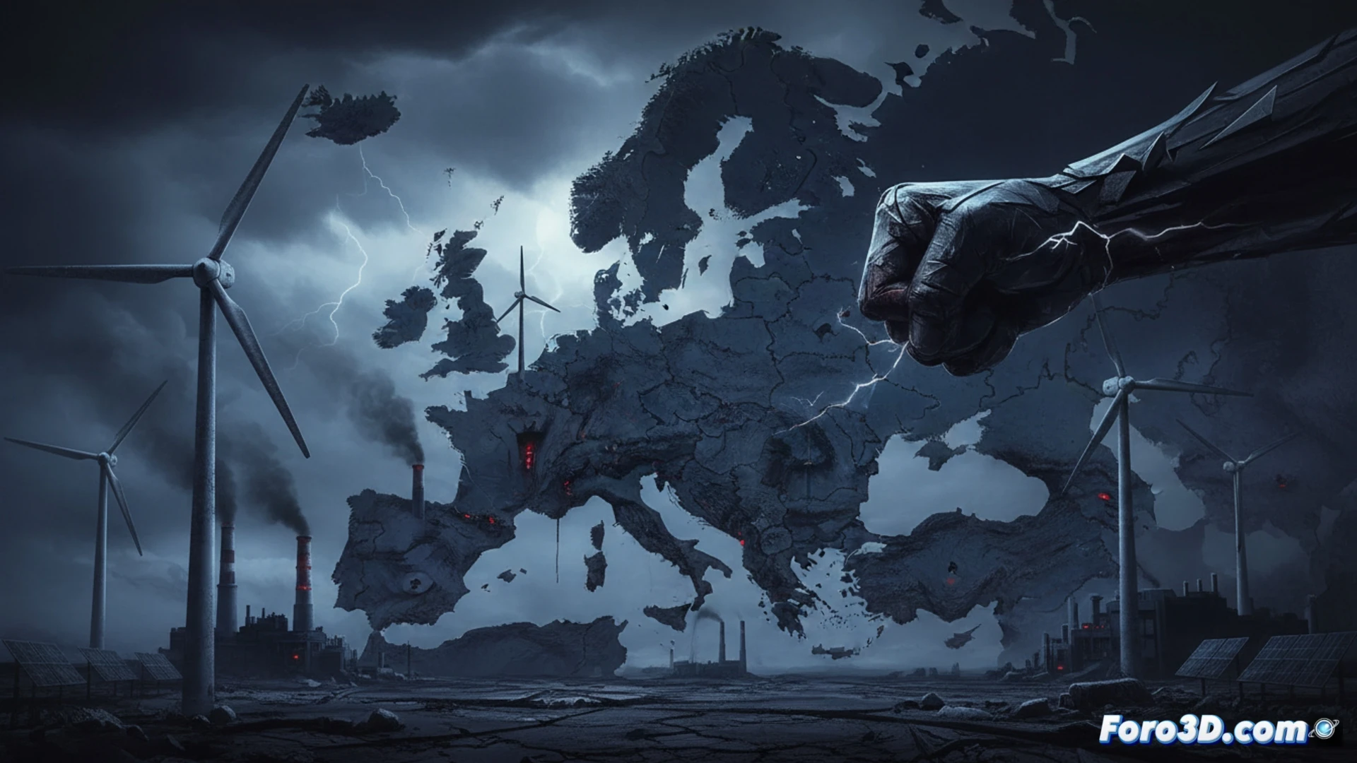 Un mapa de Europa oscurecido, con un apagón nuclear simbolizado por torres de enfriamiento apagadas y sombras de turbinas eólicas inmóviles.