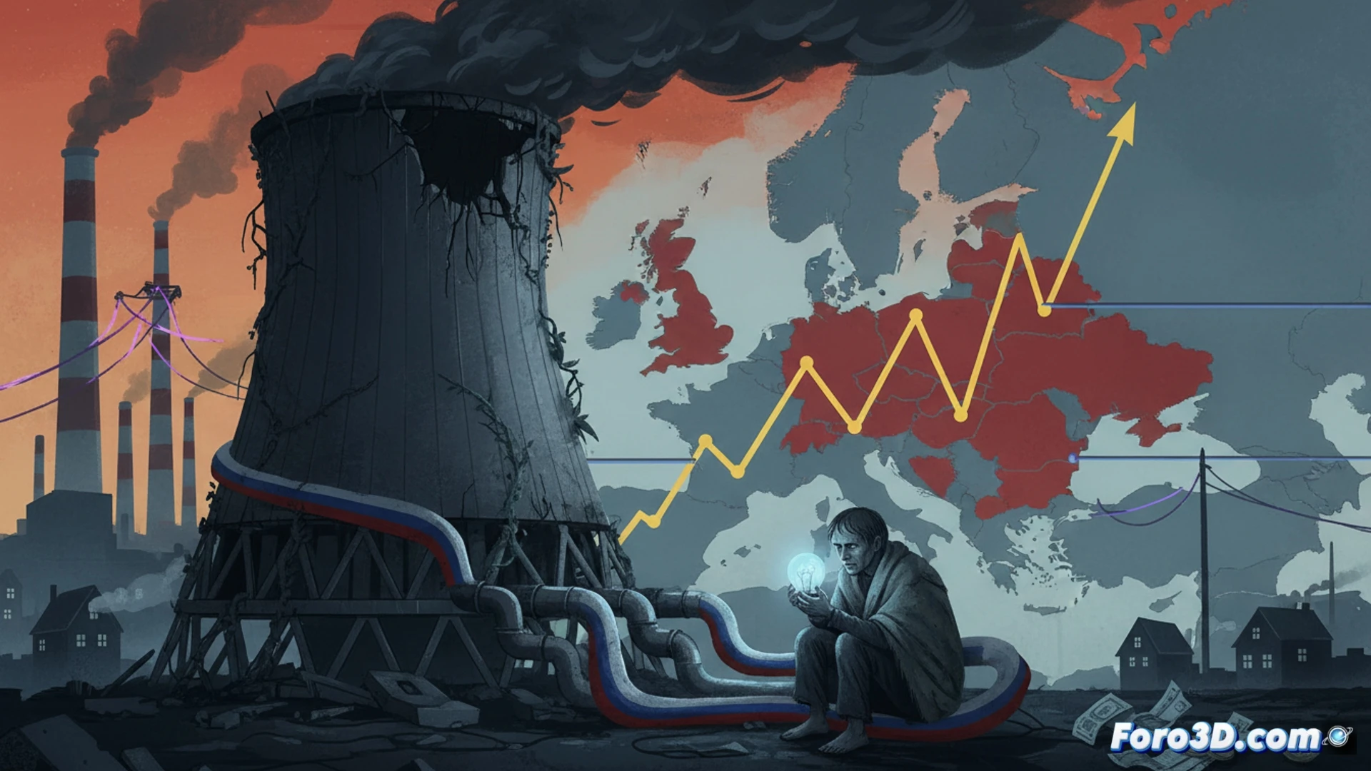 DESCRIPCIÓN: Mapa de Europa en penumbra, con centrales nucleares apagadas y tuberías de gas ruso marcando el continente, mientras precios energéticos suben.