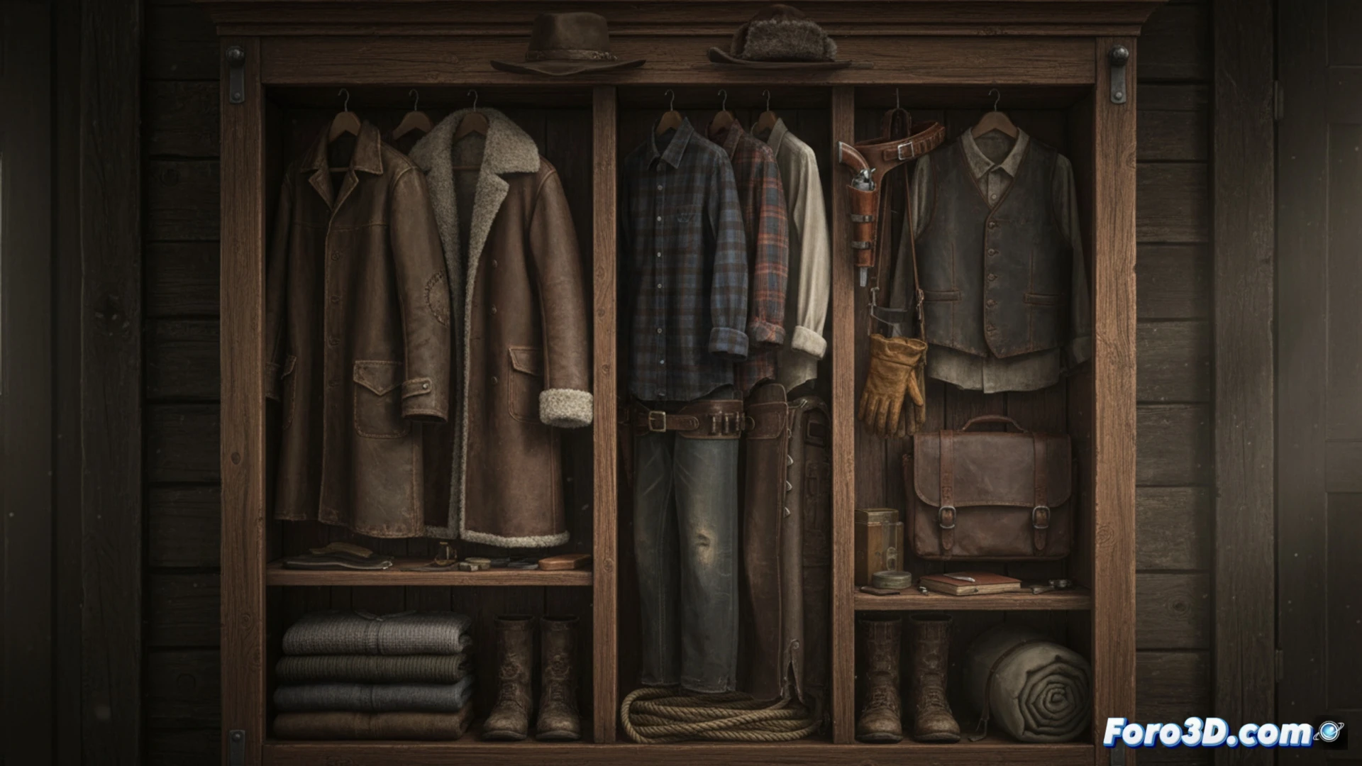 Arthur Morgan, con camisa arremangada y chaleco gastado, revisa su revólver junto a un caballo cargado de provisiones.