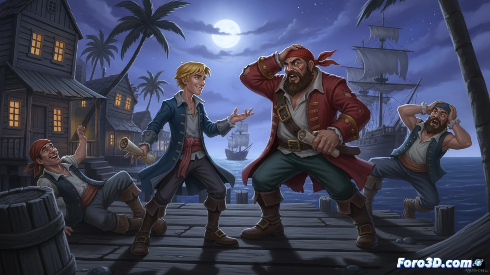 Duelo de insultos entre Guybrush y un pirata esquelético en la isla, con burbujas de diálogo ingenioso. Estilo pixel art clásico.