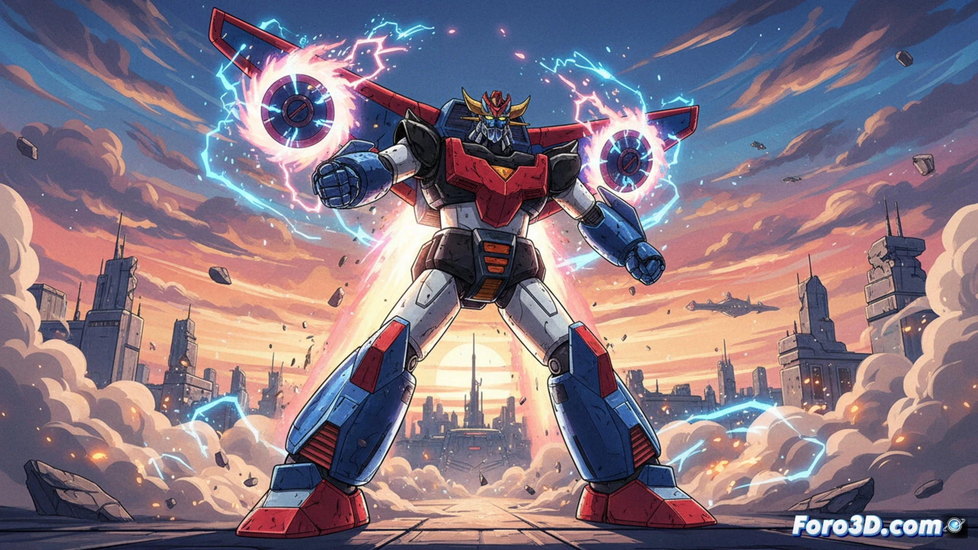 Escena de Grendizer con cel-shading y explosiones de partículas estilo anime clásico de los 70