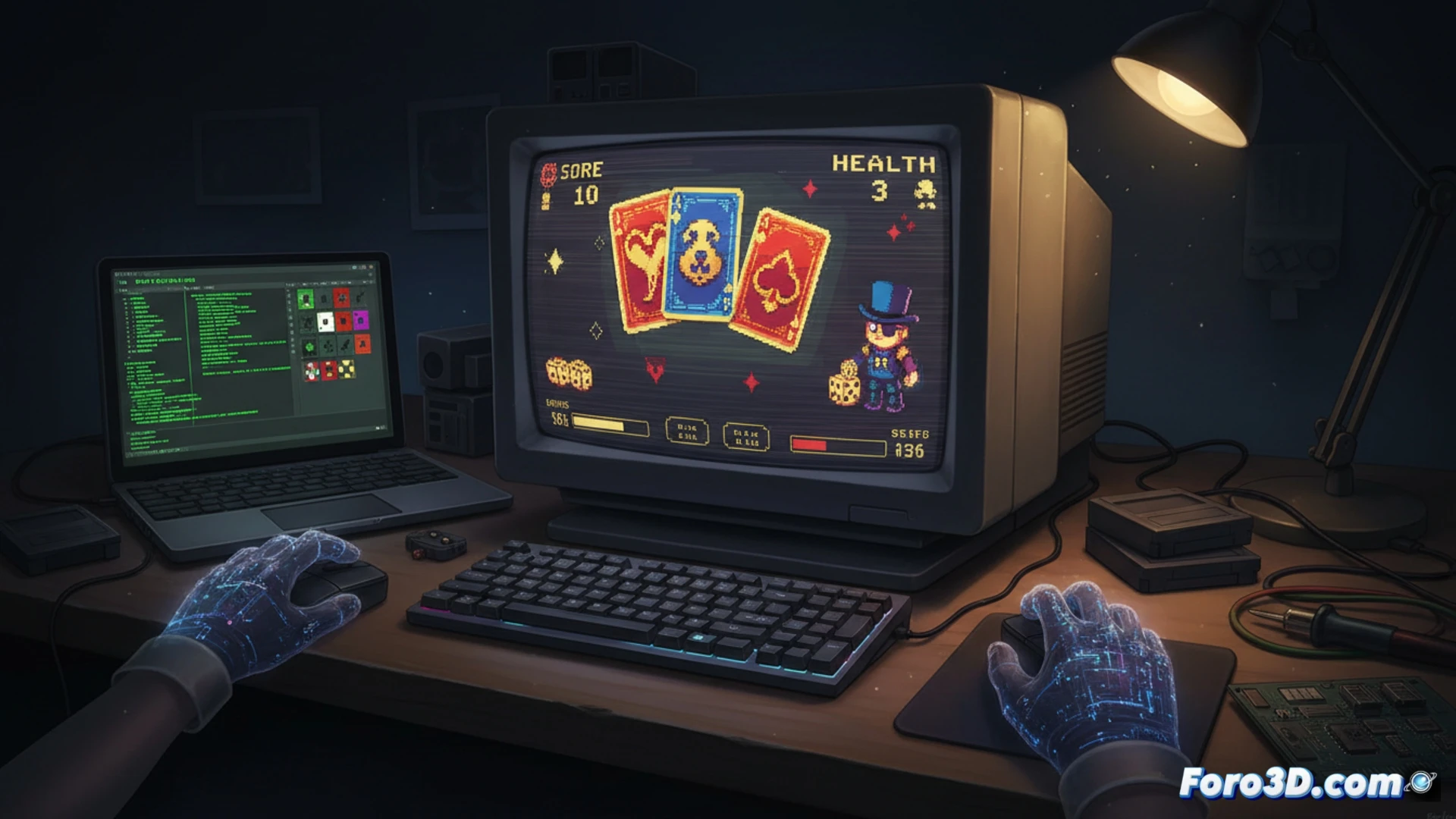 Captura de Balatro mostrando cartas pixeladas con efecto CRT y puntuación alta en fondo oscuro