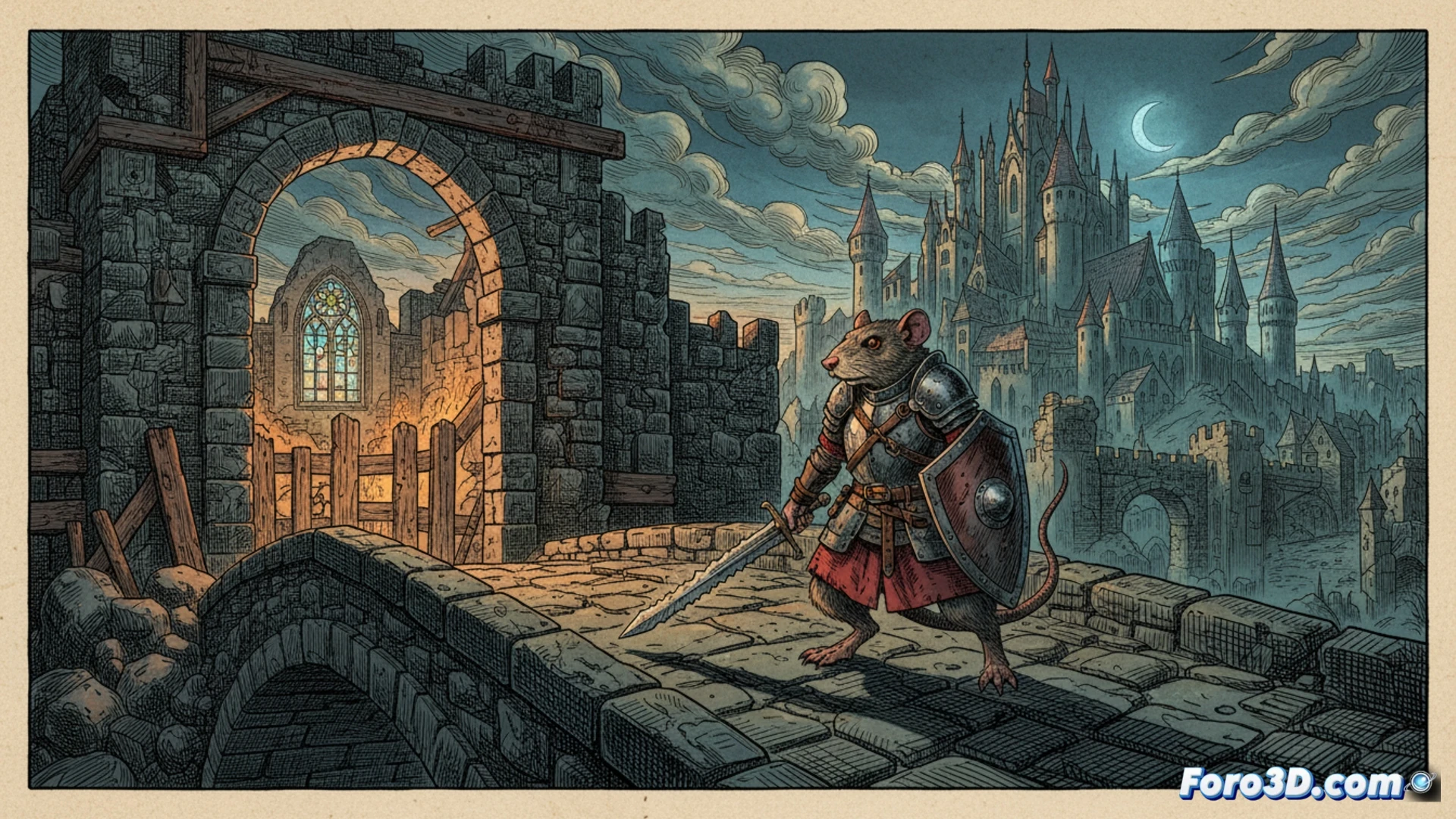 Ilustración de Tails of Iron con capas de paralaje y luz atmosférica en escenario de bosque oscuro