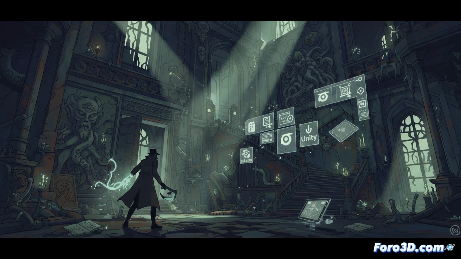 Ilustración lovecraftiana en 2.5D con sombras volumétricas y texturas detalladas de The Last Case of Benedict Fox