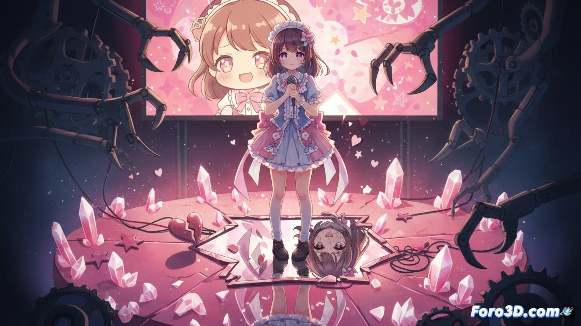 Ilustración de Ai Hoshino con sonrisa radiante y fondo oscuro de grietas, simbolizando el contraste moe y denuncia