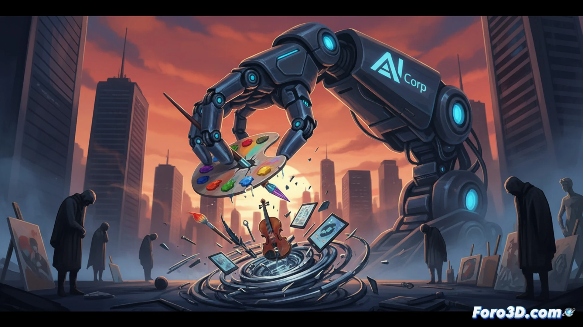 Cinematic photorealistic scene showing a giant robotic hand with corporate logos gripping a palette of paintbrushes and styluses while crushing a cracked digital tablet beneath its metallic fingers, colorful paint splatters leaking from the compressed brushes onto a dark polished floor, holographic copyright symbols flickering and fading around the crushed tablet, glowing neural network wires connecting the robotic hand to a distant server rack in the background, dramatic low-angle lighting casting long shadows, ultra-detailed mechanical joints and microchips visible on the hand, industrial cold blue and red warning light reflections on metal surfaces, technical illustration style with hyperrealistic textures.
