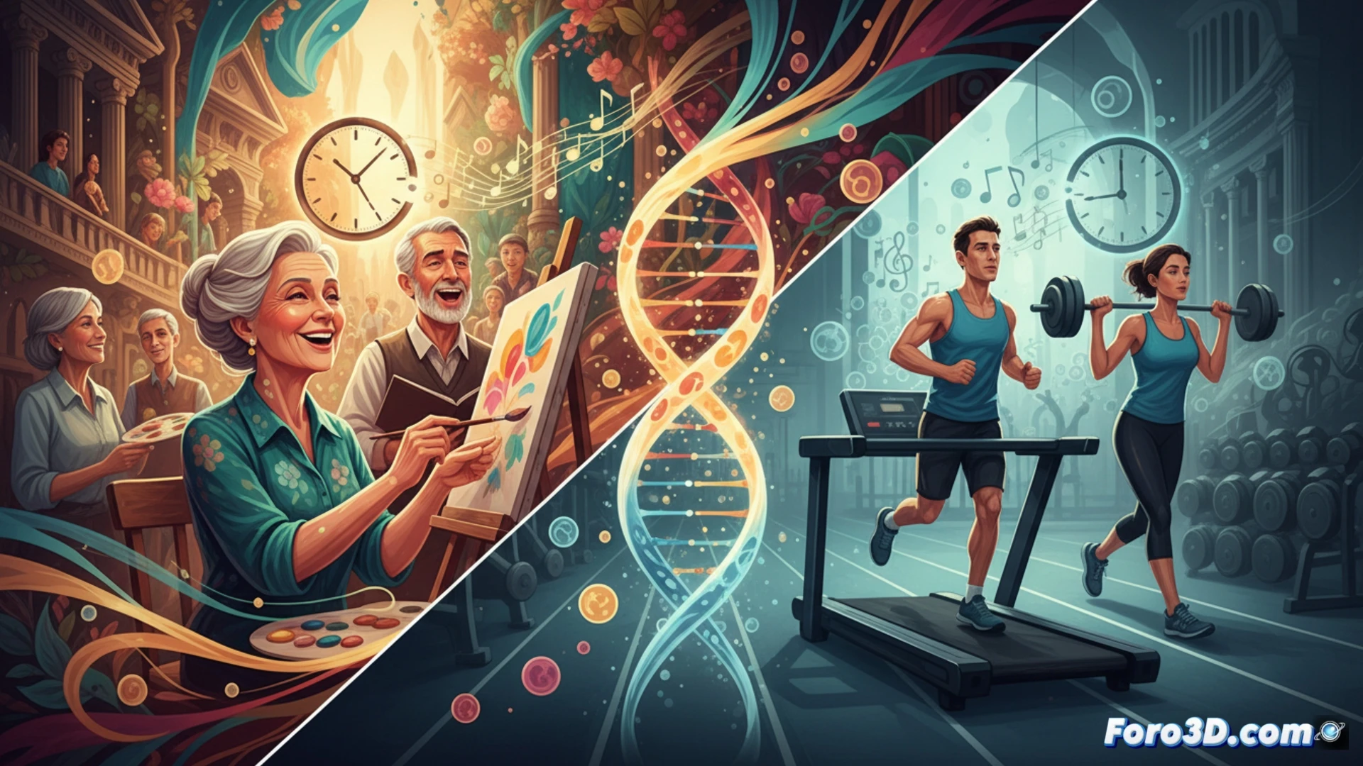 Cinematic scene of a person painting at an easel in a bright studio, brush strokes visible on canvas, while another person sings in a choir nearby, sheet music floating, contrasting with a distant gym where a figure exercises on a treadmill, cellular DNA strands glowing in the background showing telomere lengthening, photorealistic technical illustration, soft warm light on art activity, cool blue light on exercise area, ultra-detailed biological and artistic elements, dramatic contrast between creative flow and physical exertion, showing slower aging process through art
