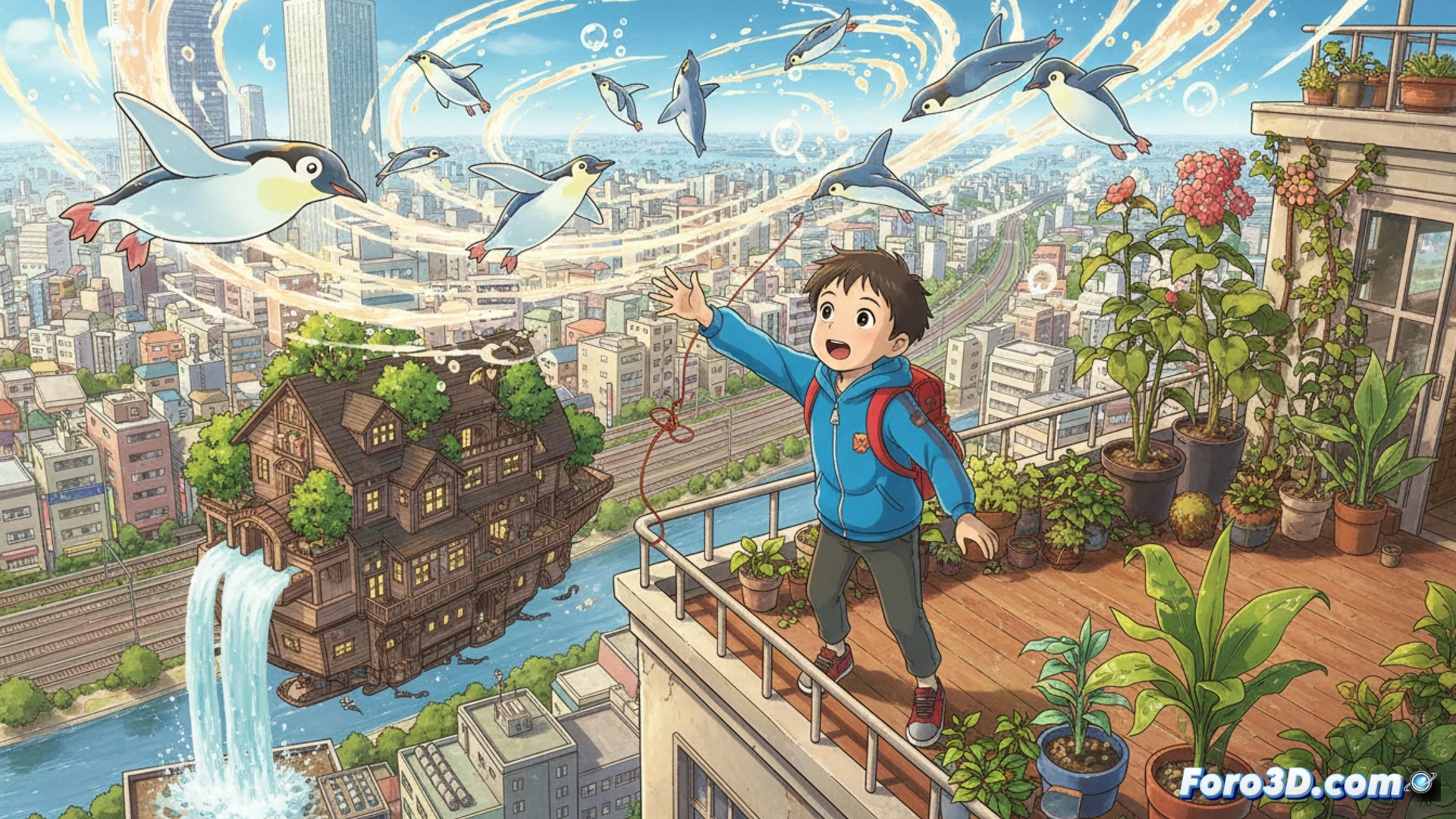 Un niño corre sonriente bajo un cielo vibrante, mientras criaturas fantásticas emergen entre rendijas luminosas de la realidad cotidiana.