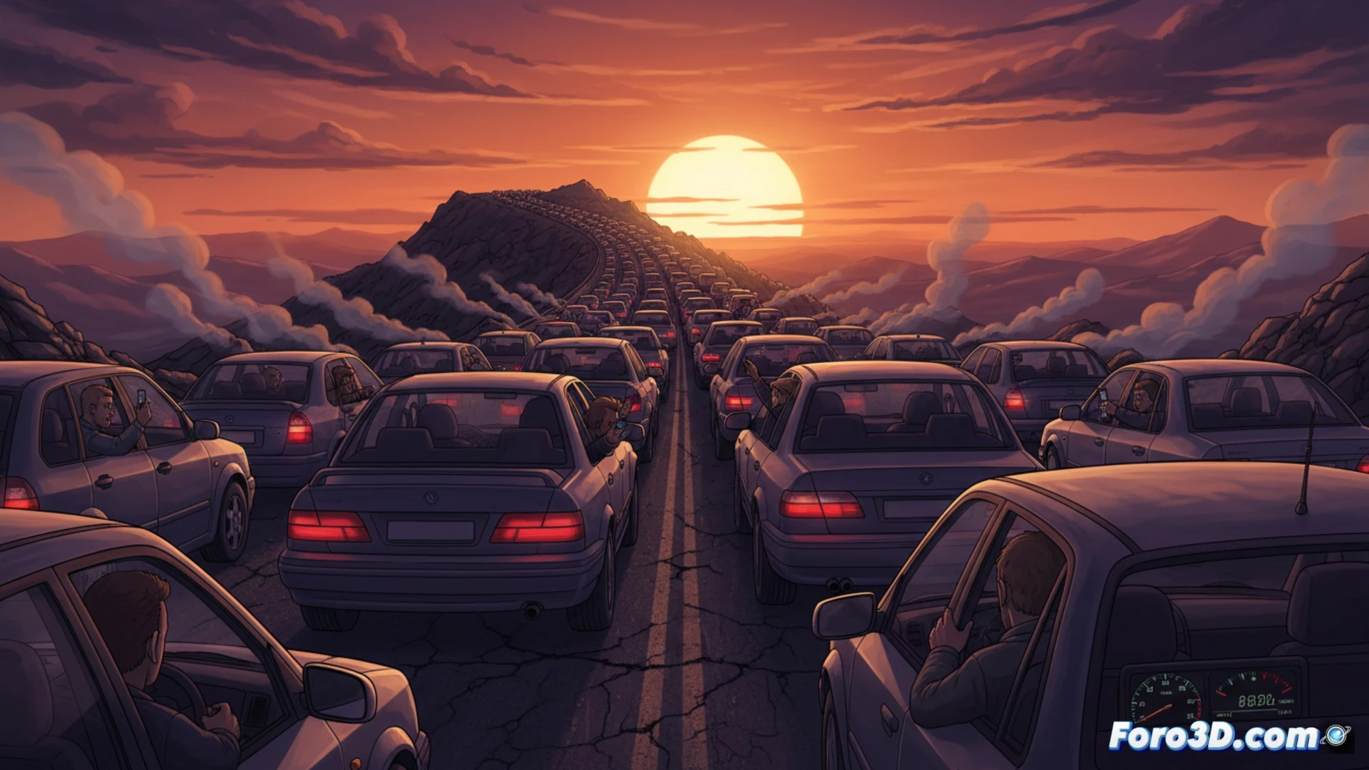 Cinematic overhead shot of a traffic jam on a coastal mountain road at golden hour, dozens of cars stopped bumper-to-bumper facing a distant sunset viewpoint, a driver leaning out of a window holding a smartphone while another checks a GPS navigation screen showing a red traffic warning, heat haze rising from asphalt and car exhaust pipes, dashboard air-conditioning vents visible through a windshield reflection, sun partially hidden behind a mountain ridge casting long shadows, photorealistic engineering visualization, dramatic warm-orange light contrasting with metallic car bodies, dust particles suspended in air, ultra-detailed automotive textures, cinematic color grading