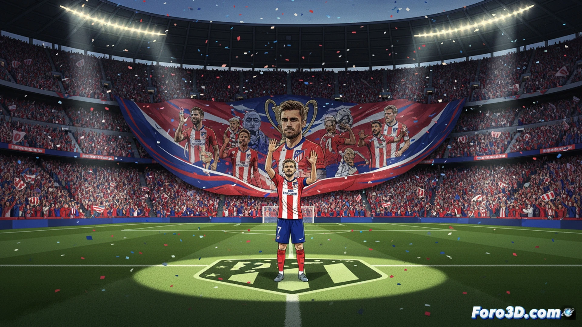 Atletico Madrid stadium Metropolitano at sunset, giant banner unfurling from upper stands showing Griezmann silhouette, fans holding red and white scarves raised in unison, spotlight illuminating center circle where player stands alone, technical camera rig on crane capturing ceremony, cinematic sports documentary style, dramatic stadium floodlights, deep shadows on pitch, ultra-detailed crowd texture, photorealistic event photography aesthetic, emotional atmosphere with confetti falling in slow motion